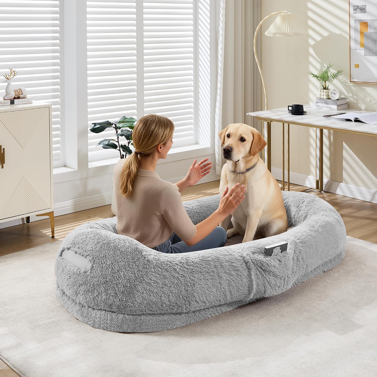 Human Dog Bed for Adult, 64.9" x 41.3" Large Giant Shared Bed for People Pets, Washable Faux Fur Removable Nap Bed Bean Bag with Handle Side Pocket