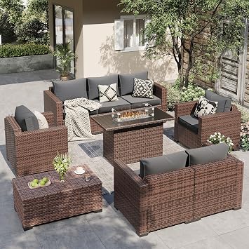 Patio Furniture Set with Fire Pit Table, 6 Pieces Outdoor Furniture Sets, Wicker Patio Conversation Sets w/Waterproof Covers, Storage Table for Backyard, Porch, Balcony, PoolsideGrey