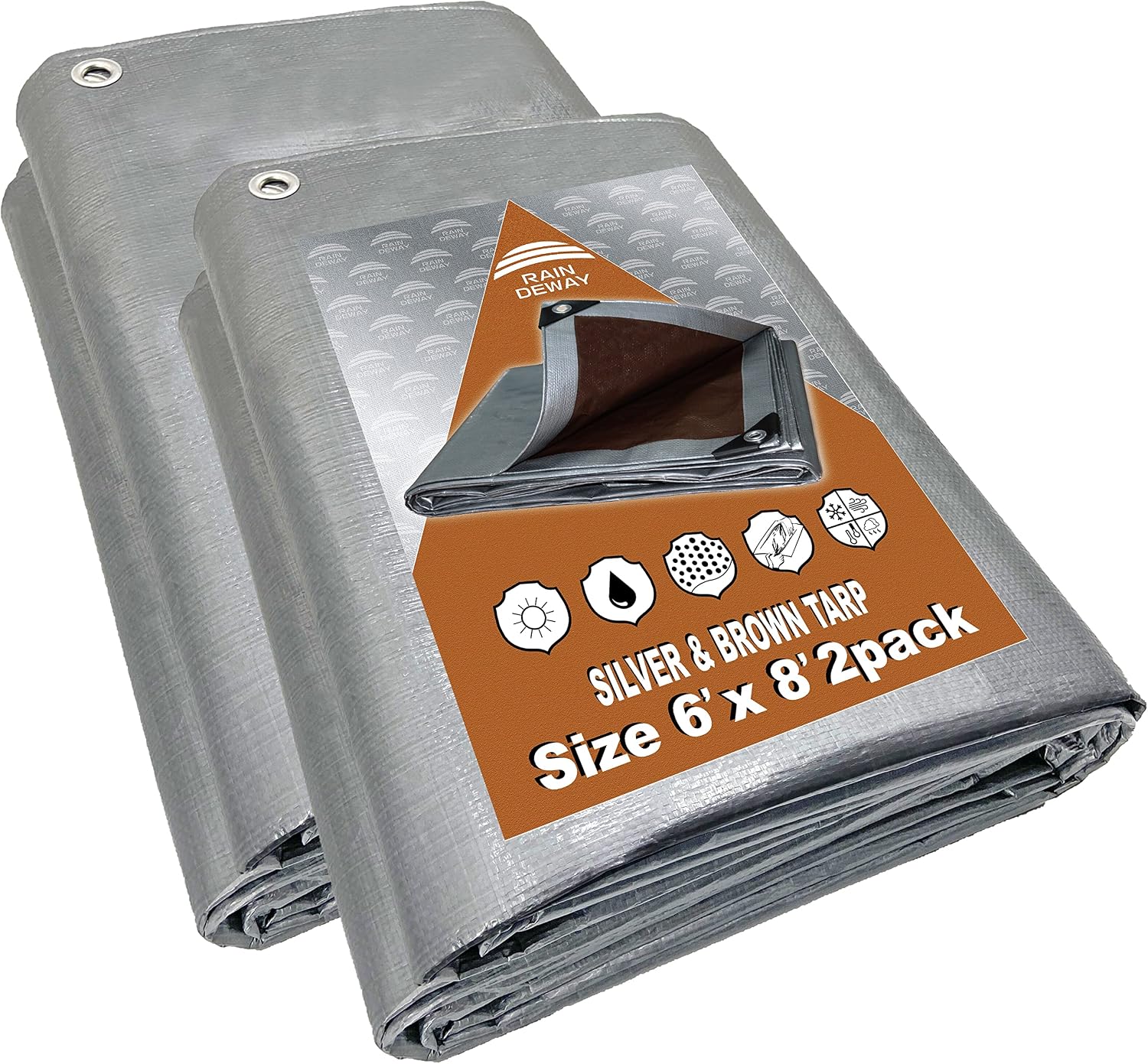 Tarps Heavy Duty Waterproof 6x8 Feet (2 Pack), 10Mil Multipurpose Tarp Cover with Metal Grommets and Reinforced Edges, Silver/Brown Tarp by RAINDEWAY