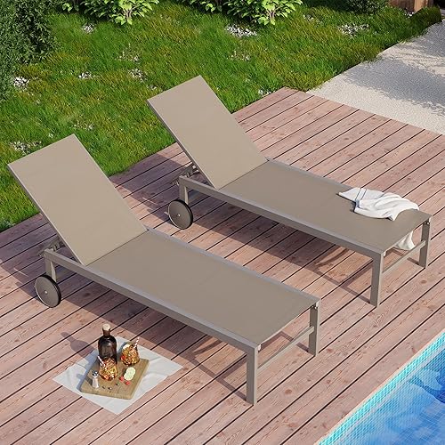 SUNLEI Juego de 2 tumbonas para patio al aire libre, sillas de piscina para exteriores con respaldo ajustable de 5 posiciones y para todo tipo de