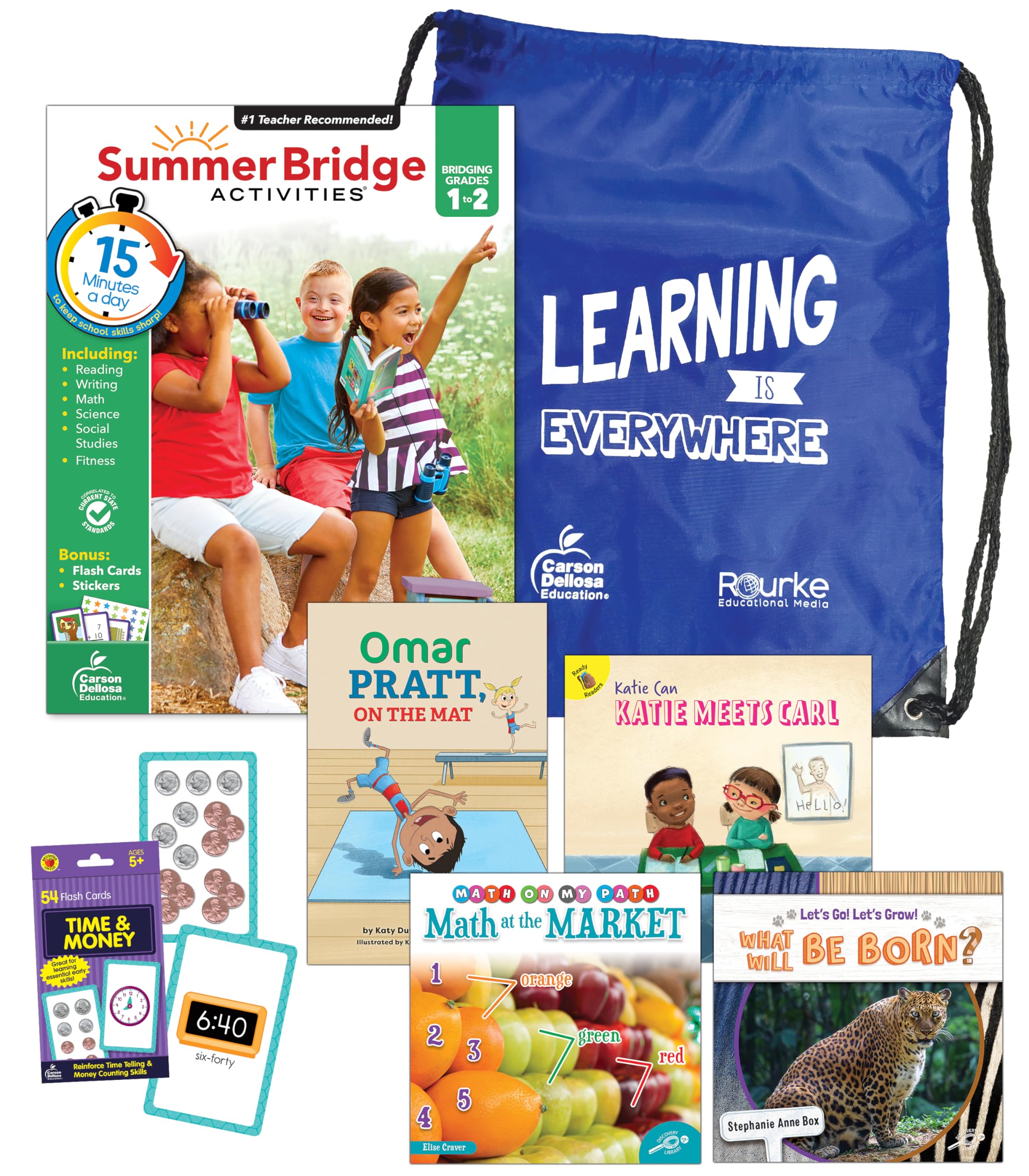 Summer Bridge Activities 1-2 Bundle, Ages 6-7, Math, Language Arts, Reading, and Science Summer Learning 2nd Grade Workbooks All Subjects, Time and Money Flash Cards, Children's Books, Drawstring Bag