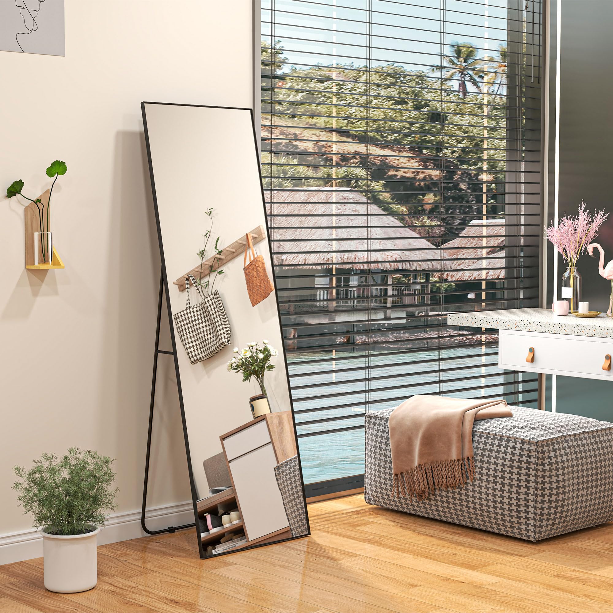 HOMCOM Specchio da Terra Moderno a Figura Intera, 40x150 cm Specchio da Parete e Autoportante Rettangolare con Cornice, Ganci e Supporto per Camera da Letto, Soggiorno e Ingresso, Nero