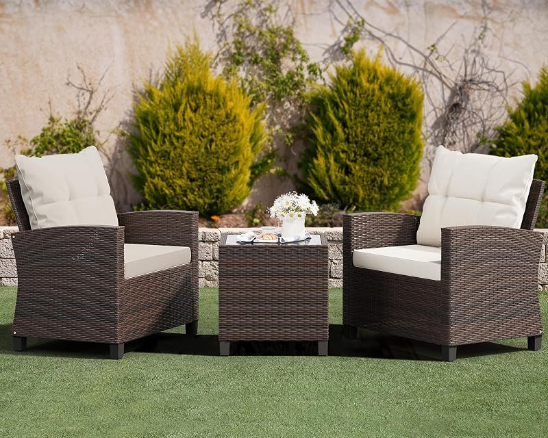 Shintenchi 3 Pieces Patio Furniture Set, PE Rattan Wicker 3 Pcs Patio Set, Outdoor Furniture Set with Two Outdoor Chairs and Table, Conversation Set for Garden, Poolside, Balcony, and Porch(Beige) image 2