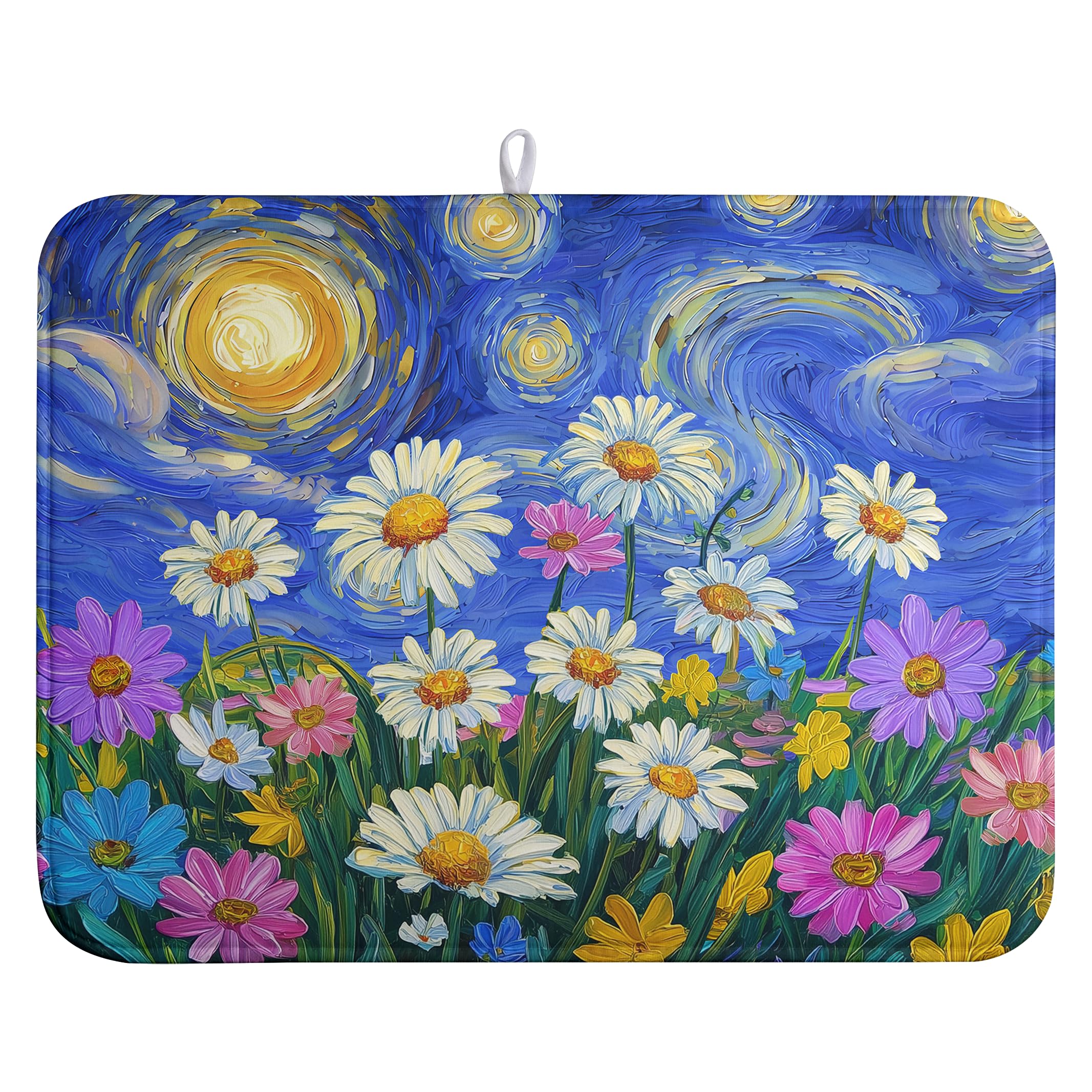 Spring Summer Daisy Floral Dish Drying Mats Spring Flowers Dish Mat Drying Matt Starry Sky Dishes Dryer Pad for Kitchen Counter Absorbent Microfiber Washable Foldable Reusable 18x24 in