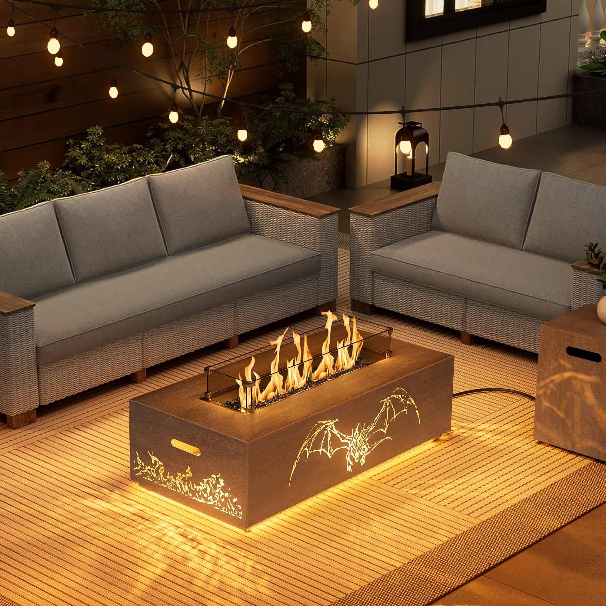 42" Propane Fire Pit table with LED Light - 50,000 BTU with Wind Guard, Lid, Rocks and Cover - Gas Fire Pits for Outside Patio - Fire Pit Tables for Outside Patio (Grey/Dragon Cutout, 42" LED)