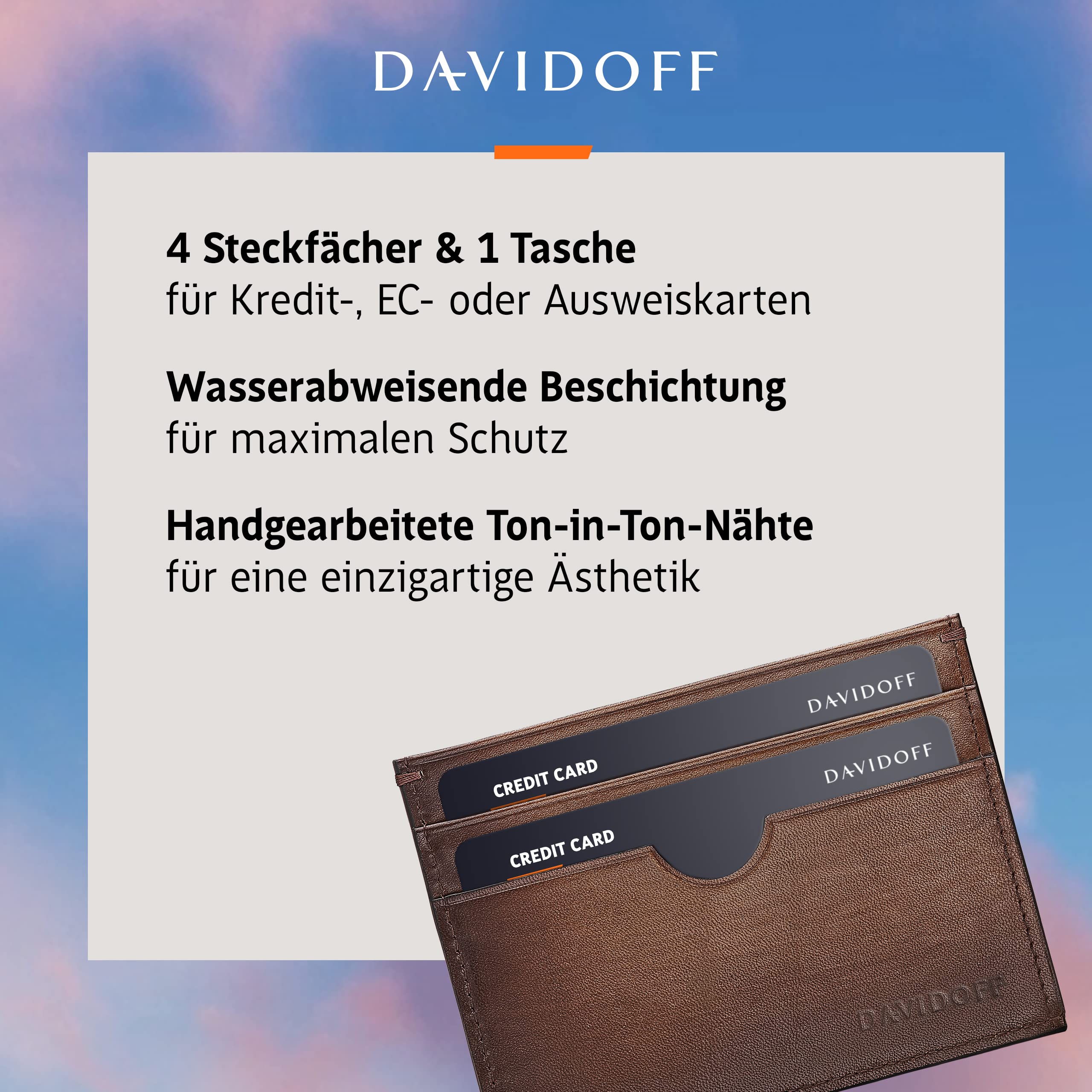 DAVIDOFF Venice Kartenetui Braun – Elegante kleine Brieftasche aus feinem Leder mit Ombre-Effekt – edler Card Holder mit 4 Steckfächern und Tasche