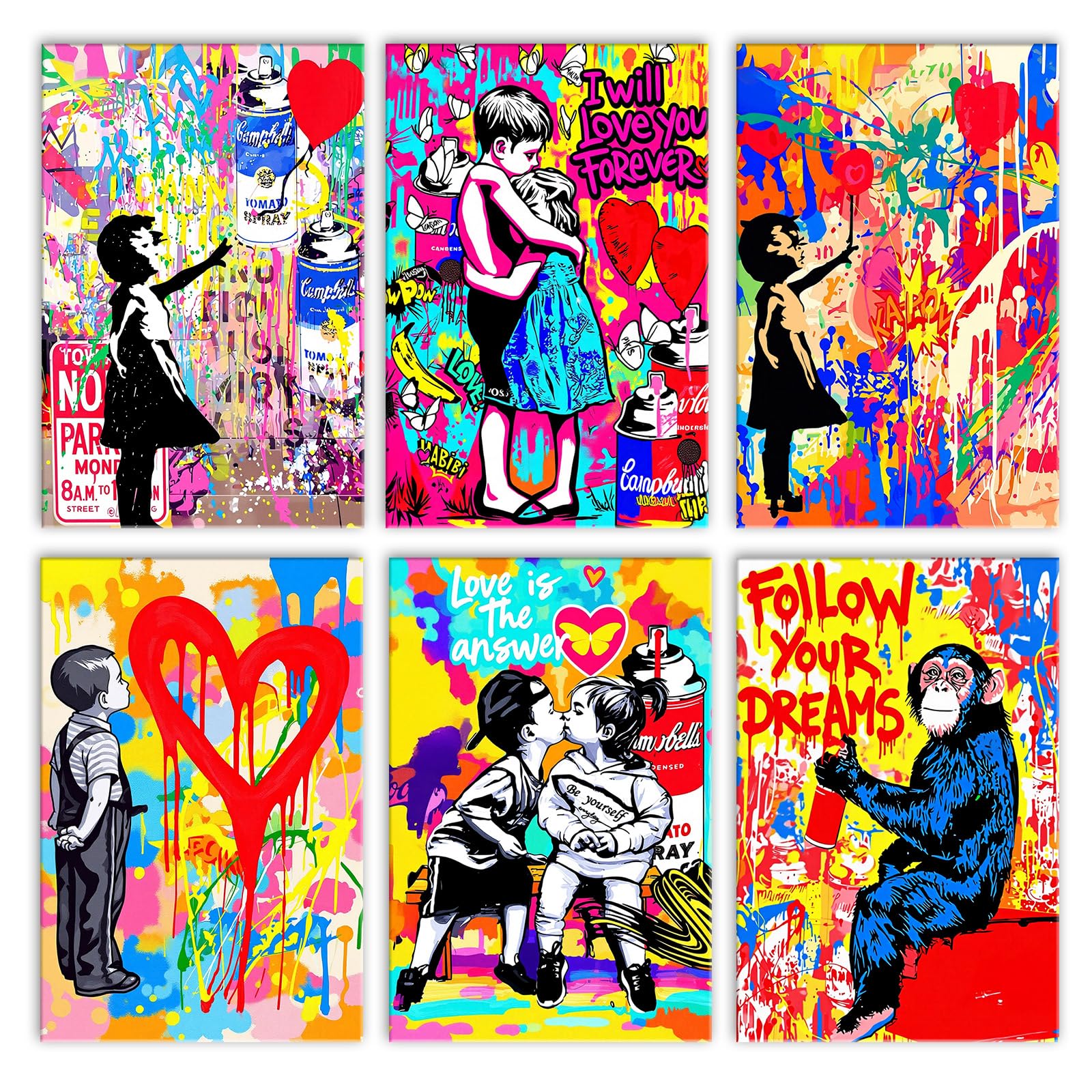 Walarky Banksy Graffiti Drawing Paint by Number Adults Set of 6 Doodle Balloon Girl Kisses and Hugs Digital Oil Painting Frameless