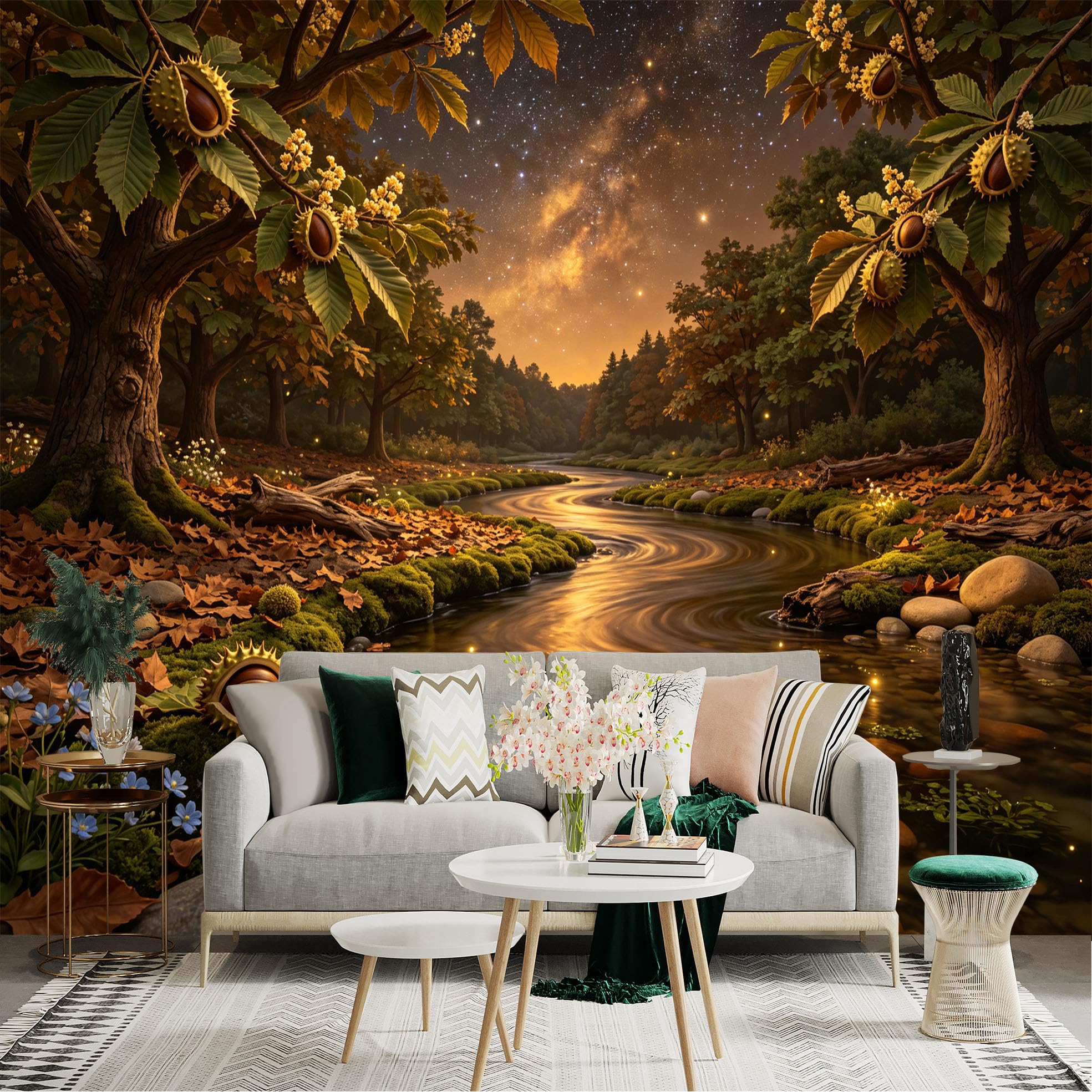 Lnzczhyre Bh260719353 Custom Size Wall Sticker Mural， Enchanting Autumn Forest， Sparkling River， Glowing Milky Way， Night Woodland Scene， For Wall Decoration， Peelandstick Wall Decals.