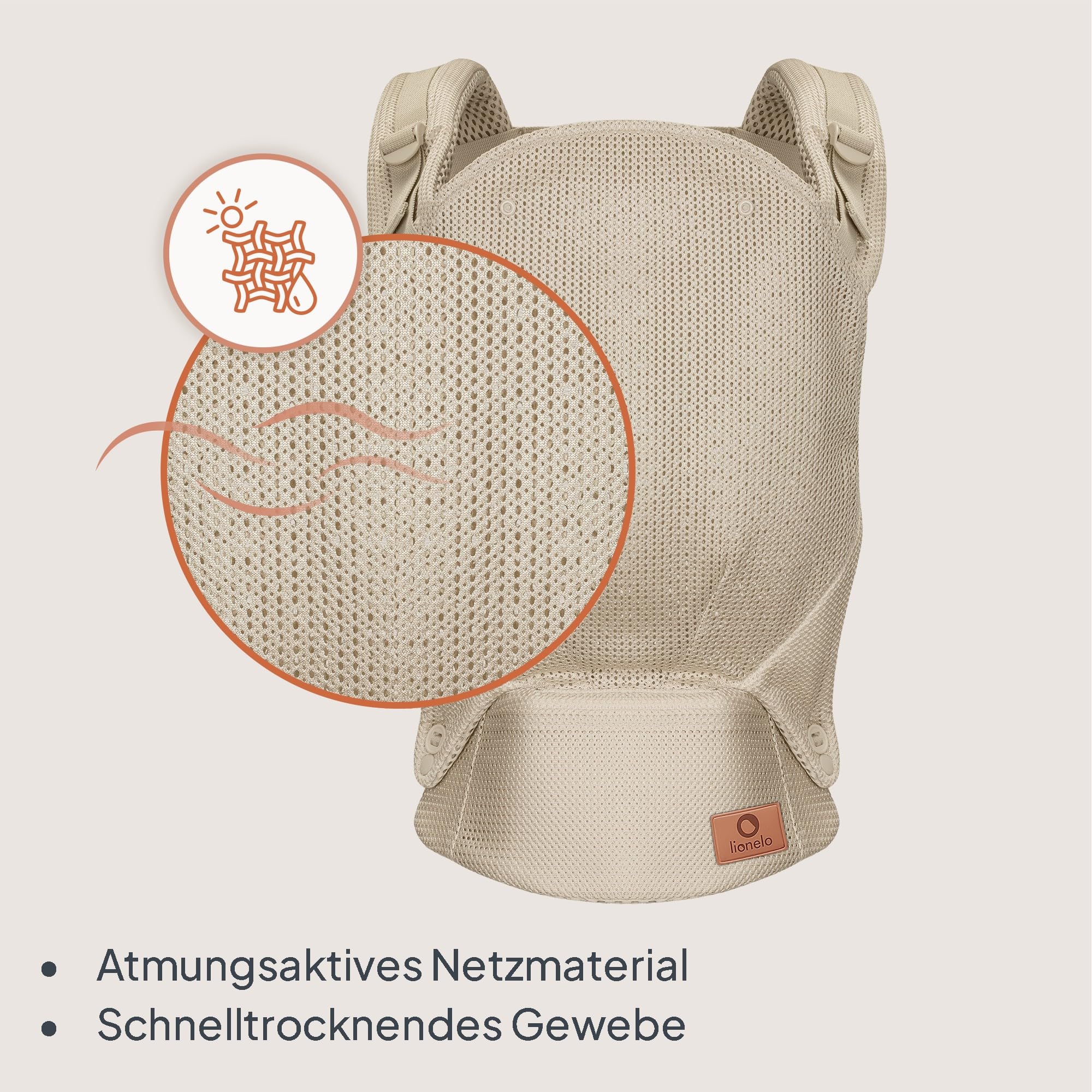 Lionelo Margareet Air Ergonomische Babytrage für Babys von 4 Monaten bis 20 kg, 3 Tragepositionen, atmungsaktives Material, abnehmbare Kapuze, doppelte Sicherheit