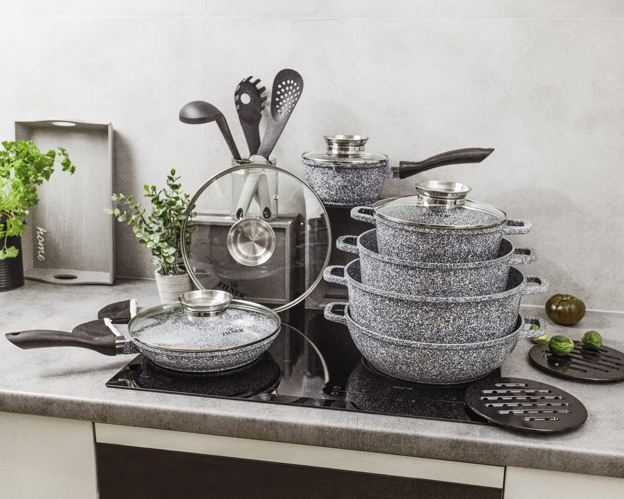 Zestaw Garnków - Powłoka Ceramiczno-marmurkowa - Szklane Pokrywki - Wszystkie Rodzaje Kuchenek - 17 Elementów Szary