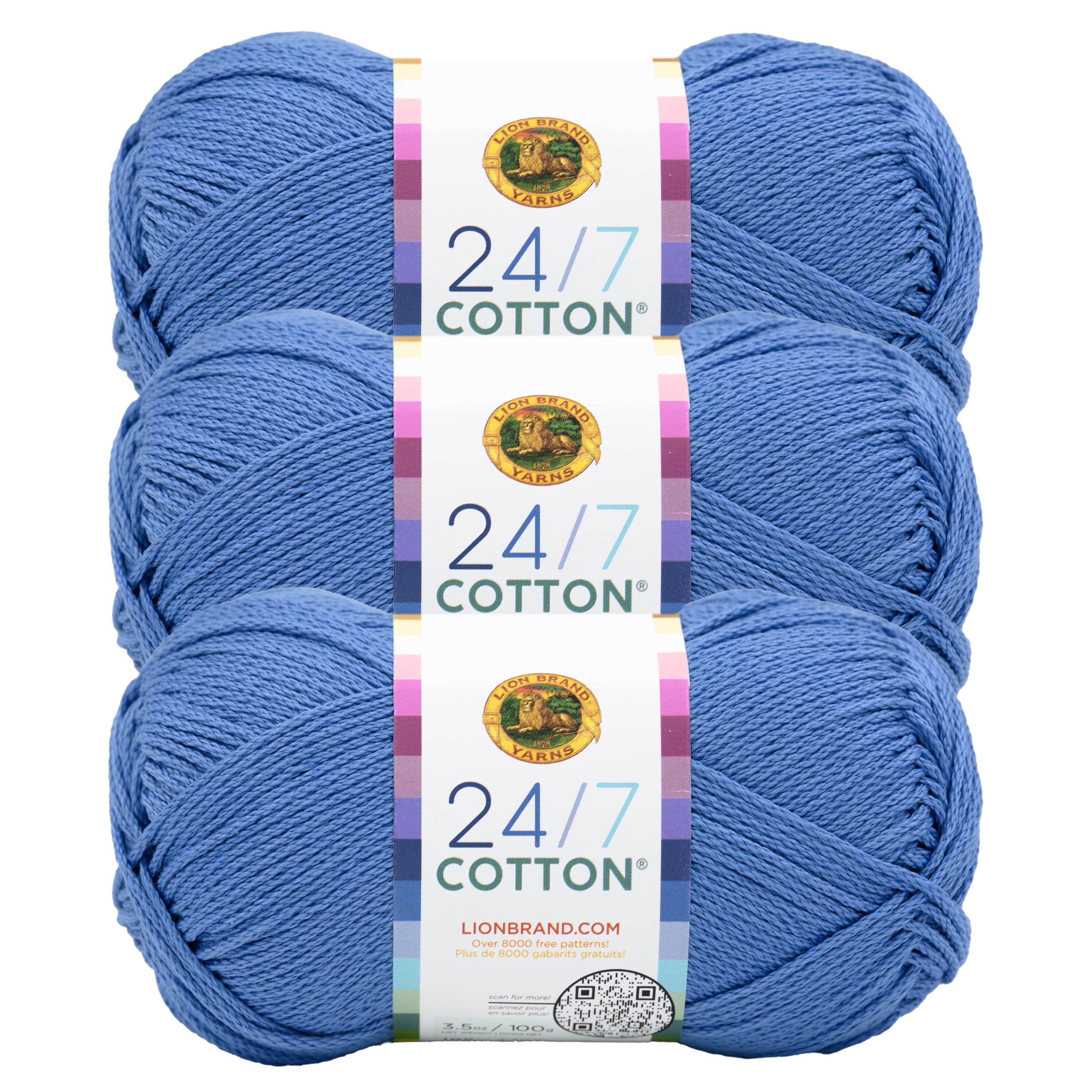 Lion Brand Yarn, 24/7 Cotton Yarn, Riviera, Medium Blue, 3 Pack