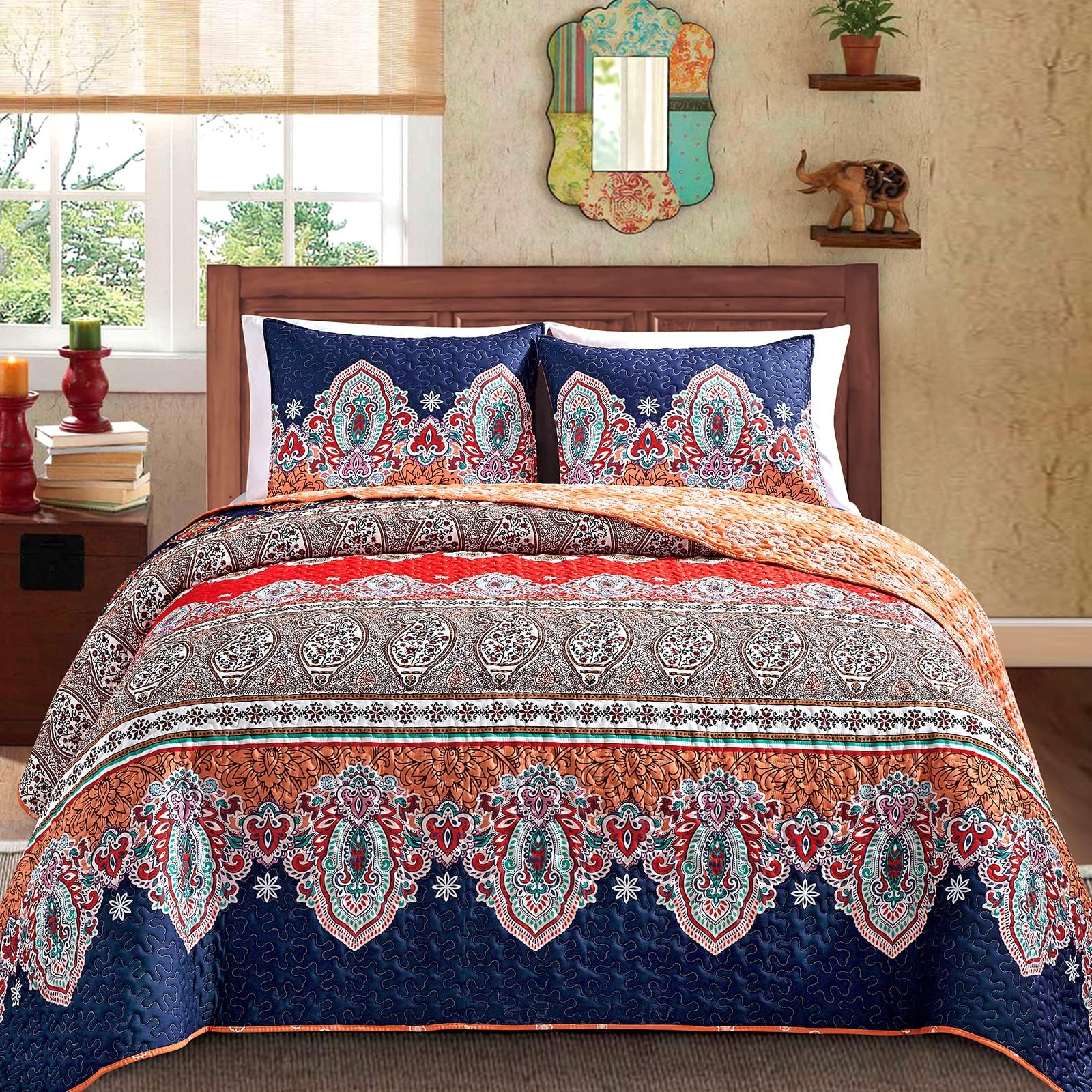 Boho Style Twin Size Quilt Set Reversible Bohemian Floral