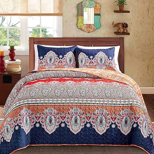 Mocaletto Lujoso juego de edredón bohemio de 3 piezas tamaño King, elegante y reversible, con fundas de almohada, colcha de rayas bohemias, colcha