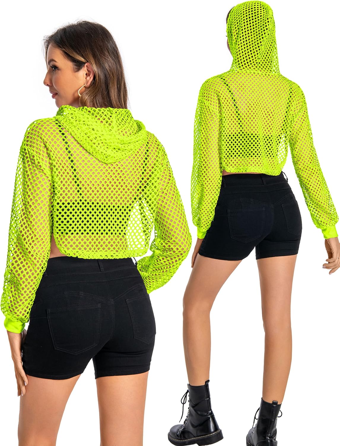 Women Mesh Crop Top Hoodie Fishnet See Through Long Sleeve Shirt Sheer Blouse for Club Party - Image 6