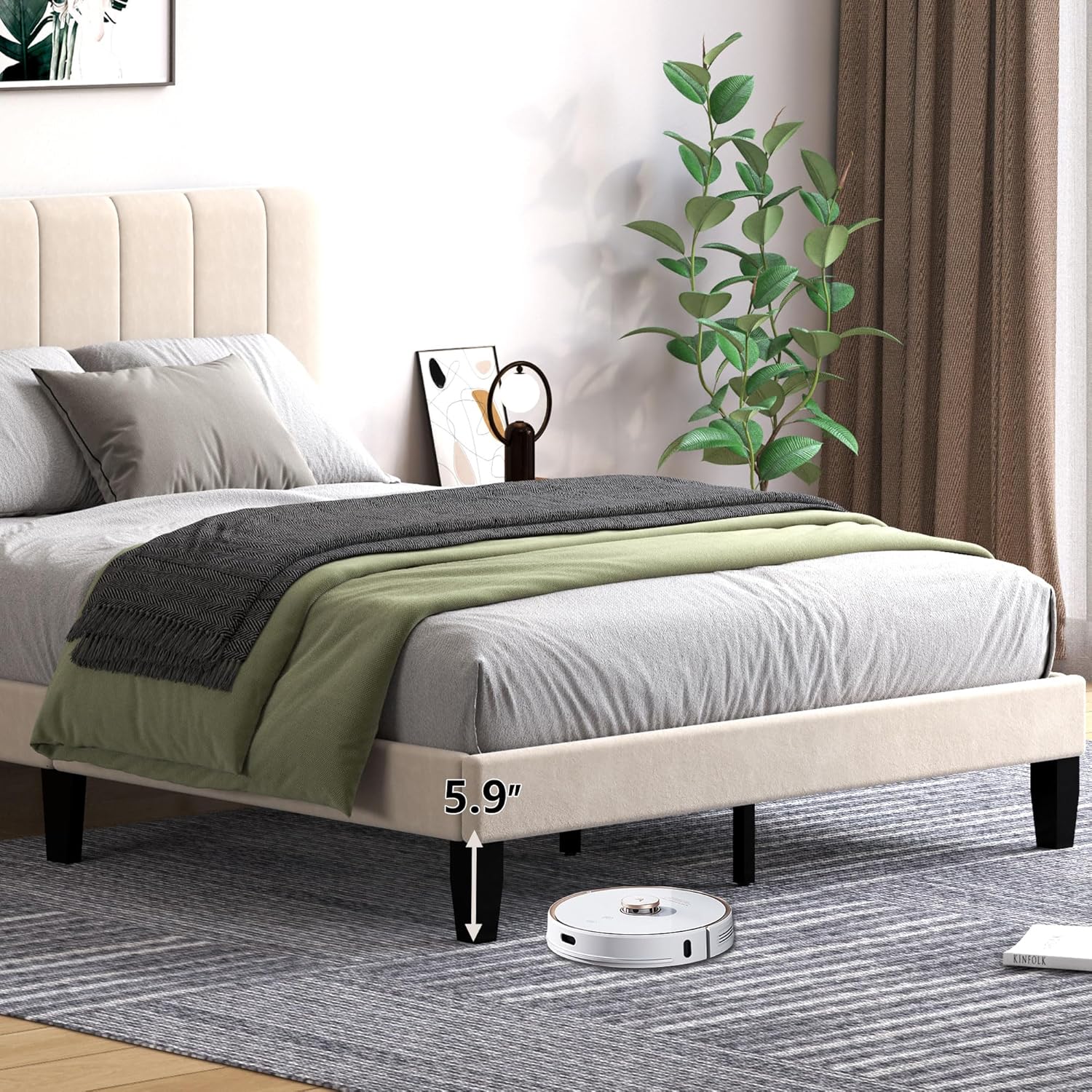 Queen Size Bed Frame with Velvet Upholstered Headboard, Platform Bed Frame with Adjustable Height Soft Headboard, 10 Pcs Sturdy Solid Wooden Slats Support, No Box Spring Needed, Noiseless, Beige