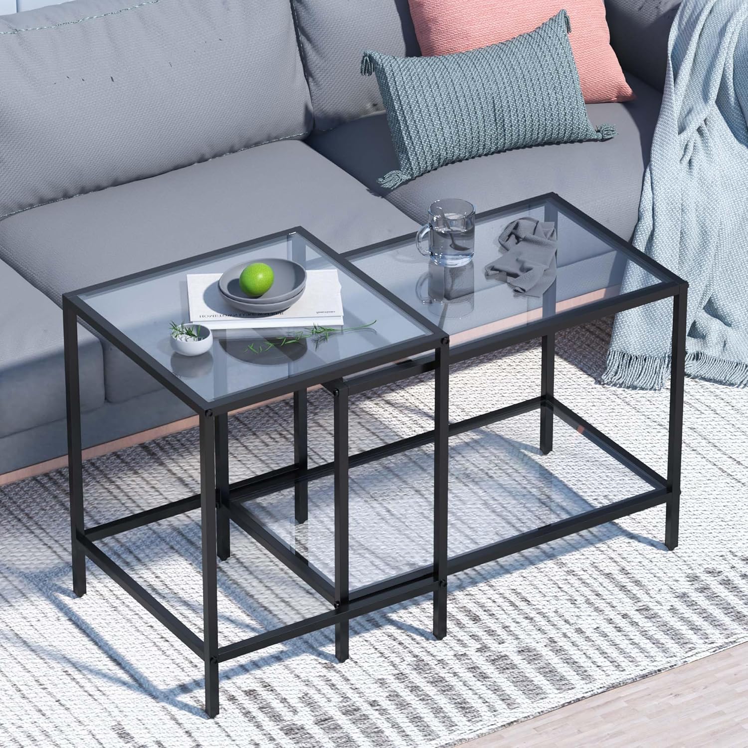 Nesting Coffee Table,Small Glass Coffee Table Set of 2,Black Modern Square Sofa Side Tea Table for Living Room,Bedroom and Small Spaces,2 Tier Tempered Glass with Sturdy Metal Frame, Easy Assembly