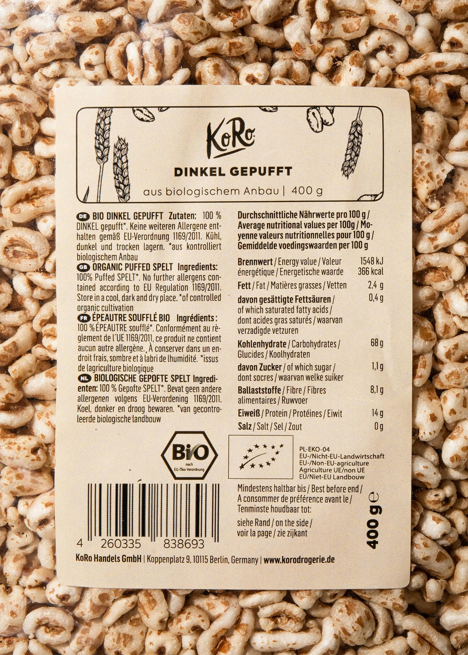 KoRo - Farro soffiato bio 6 x 400 g - Senza zuccheri aggiunti - 100% bio e vegan - Cereali soffiati senza additivi - Nel latte o come base per barrette e porridge