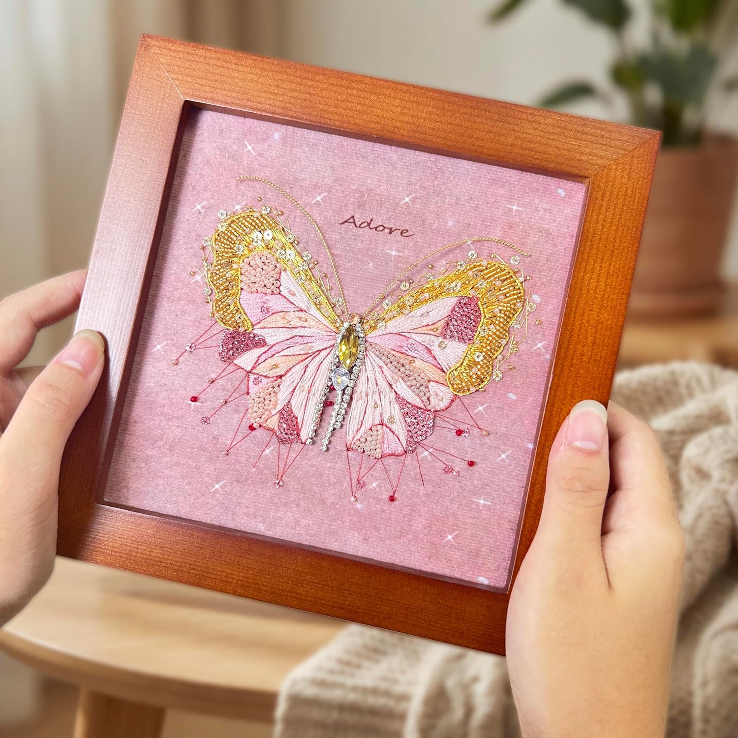 Craftreasure Beginner Embroidery Kit for Adults, Butterfly Cross Stitch Kits Include Embroidery Beads Threads Needles for Craft Lover Hand Stitch with Embroidery Skill Technique(Golden - Beginner)