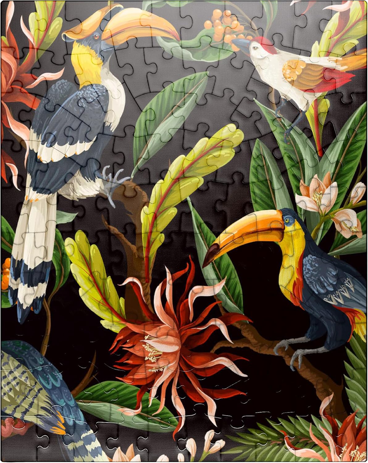 MyPuzzle Birds with Tropical Leaves and Flowers - Premium 100 Piece Jigsaw Puzzle for Adults