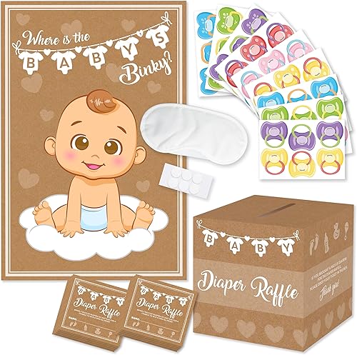Party Hearty 2 juegos de baby shower, Pin The Chupete en el juego del bebé y 50 boletos para rifas de pañales con caja, trae un paquete de pañales