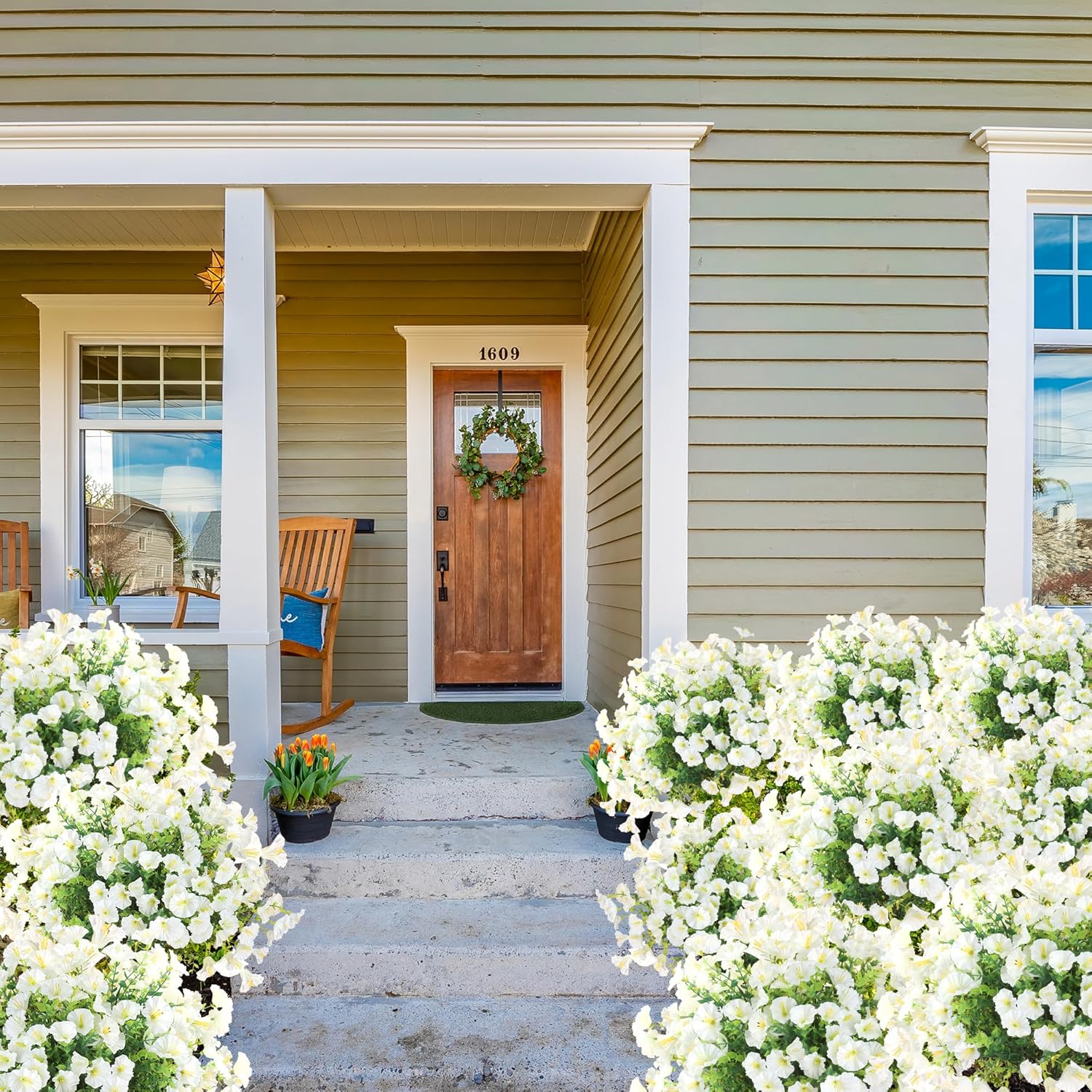 Artificial Flowers for Outdoors 12 Bundles Realistic Faux Plants UV Resistant Fake Silk Morning Glory with Eucalyptus for Front Door Planter Patio Porch Outside Spring Summer Decoration (White) - Image 5