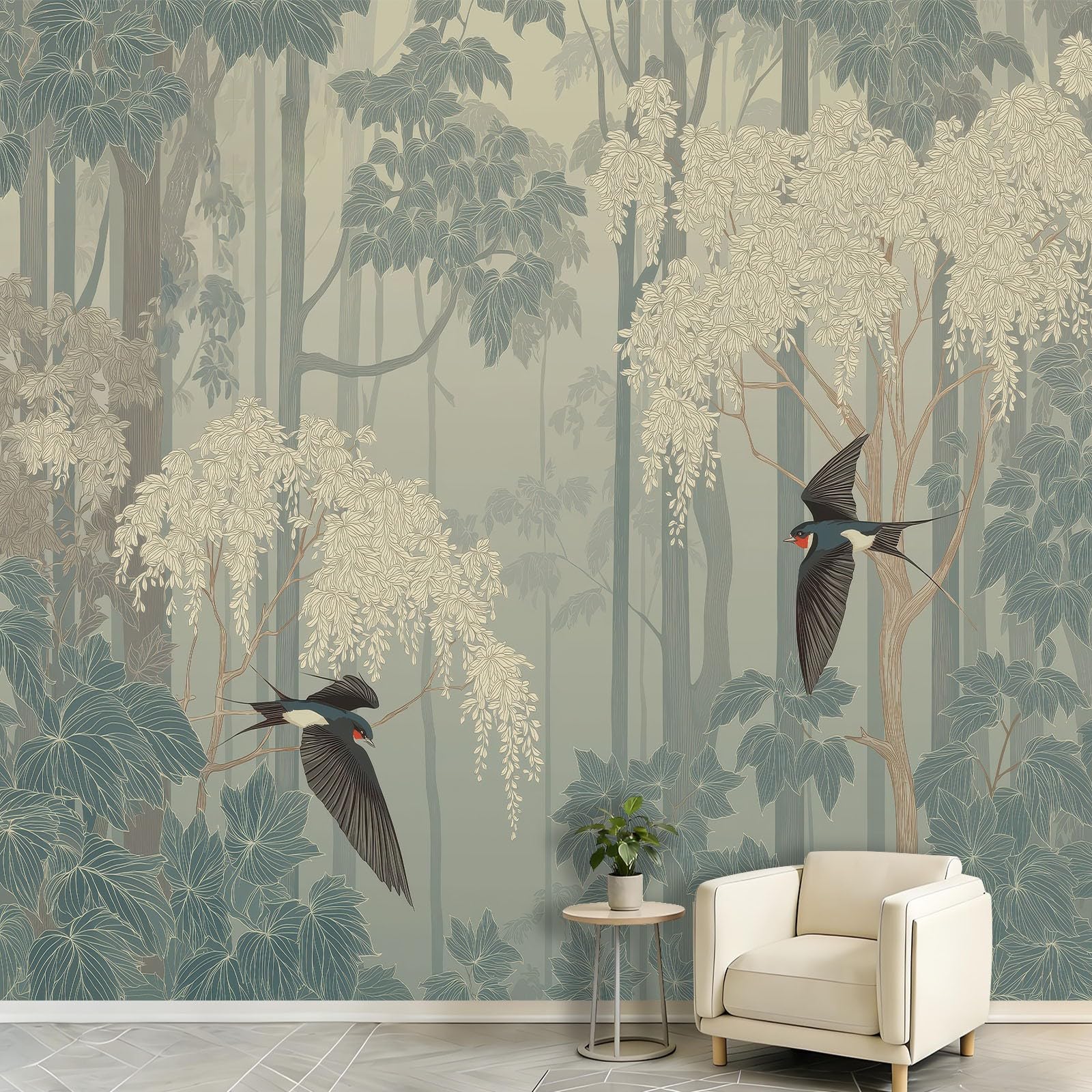 Papel pintado fotográfico de fieltro, 300 x 210 cm, para salón, cocina, dormitorio, acuarela, botánica de acuarela, papel pintado XXL, efecto 3D, decoración de pared, diseño floral, hojas de bosque