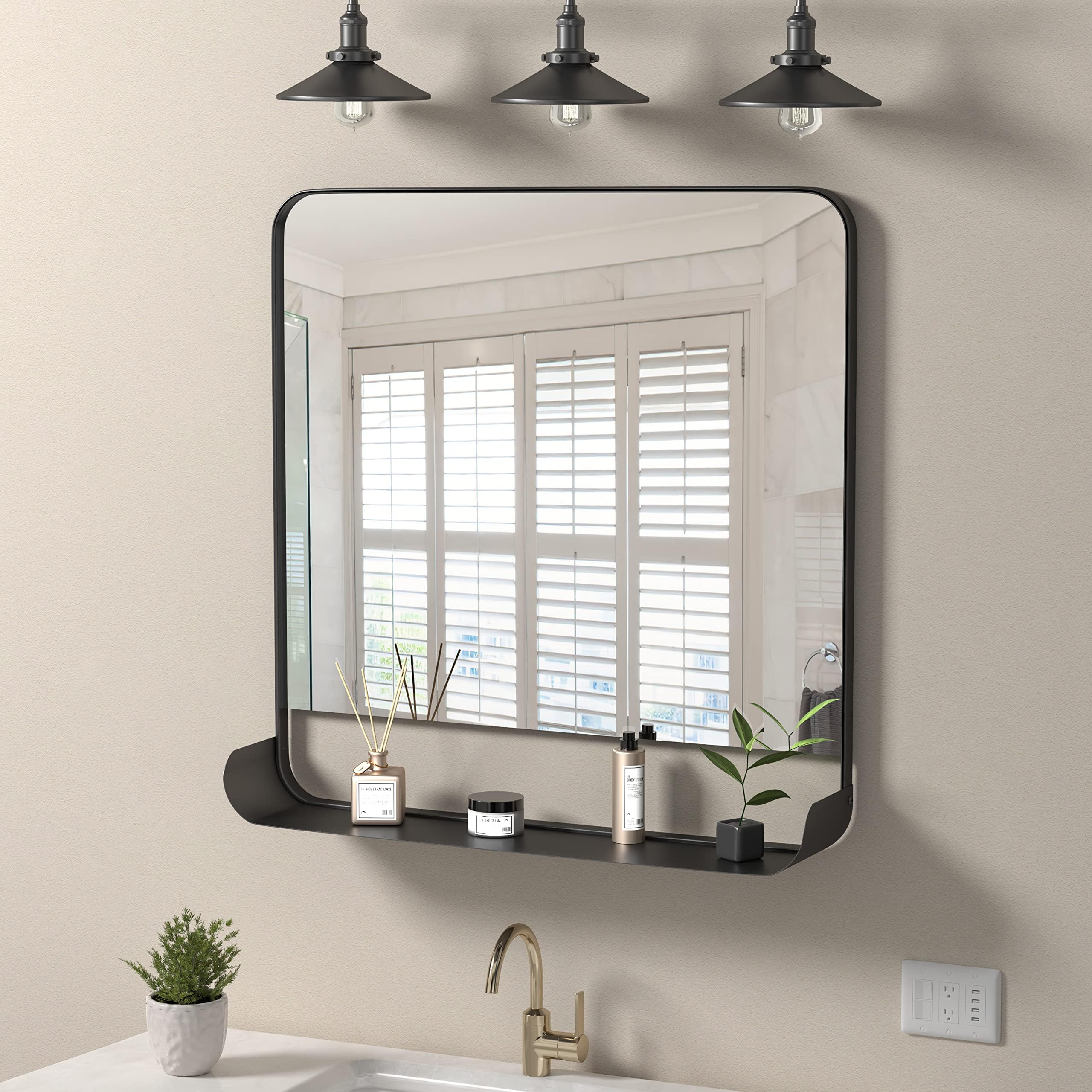 Amazon.com: Matte Black Farmhouse Bathroom Mirror with Shelf Vanity ...
