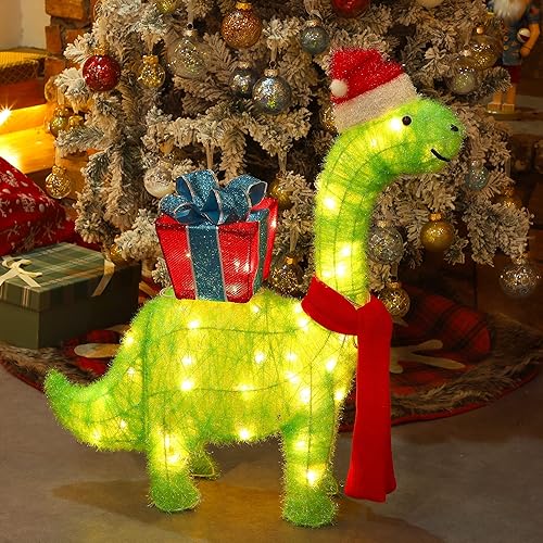 WATERGLIDE Dinosaurio verde de Navidad iluminado con decoraciones de caja de regalo, 27 pulgadas preiluminado, brachiosaurio 3D para decoración de