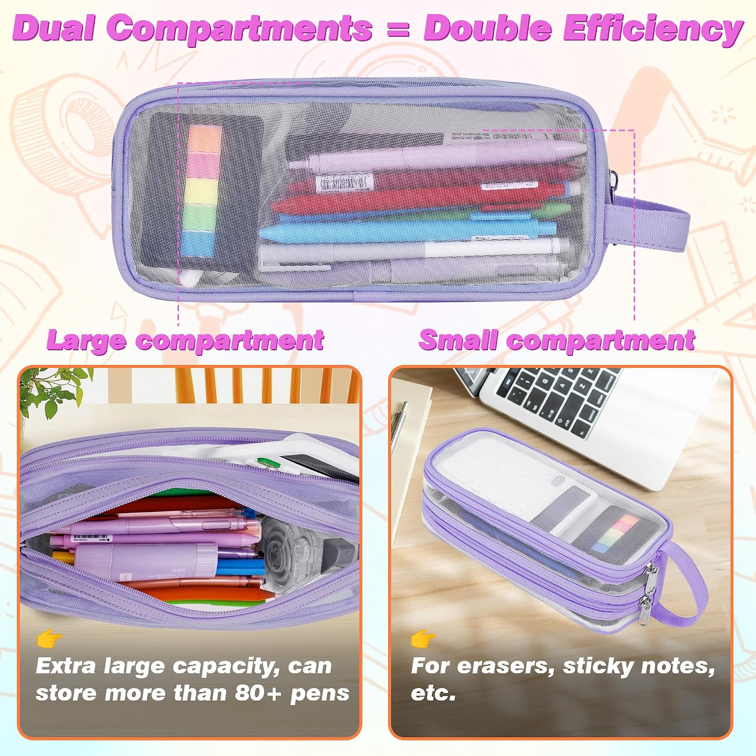 Hsmihair Large Grid Mesh Pencil Case, 2 Compartment Pen Pouch with Zipper, Clear Handheld Multifunction Pen Bag for School, Office, Teen Girls Boys, Travel Organizer Transparent Makeup(Purple)