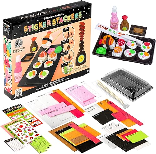 Fashion Angels Apiladores de calcomanías de sushi, kit de manualidades de espuma de modelado 3D, juego de alimentos de cocina para niños, comida de