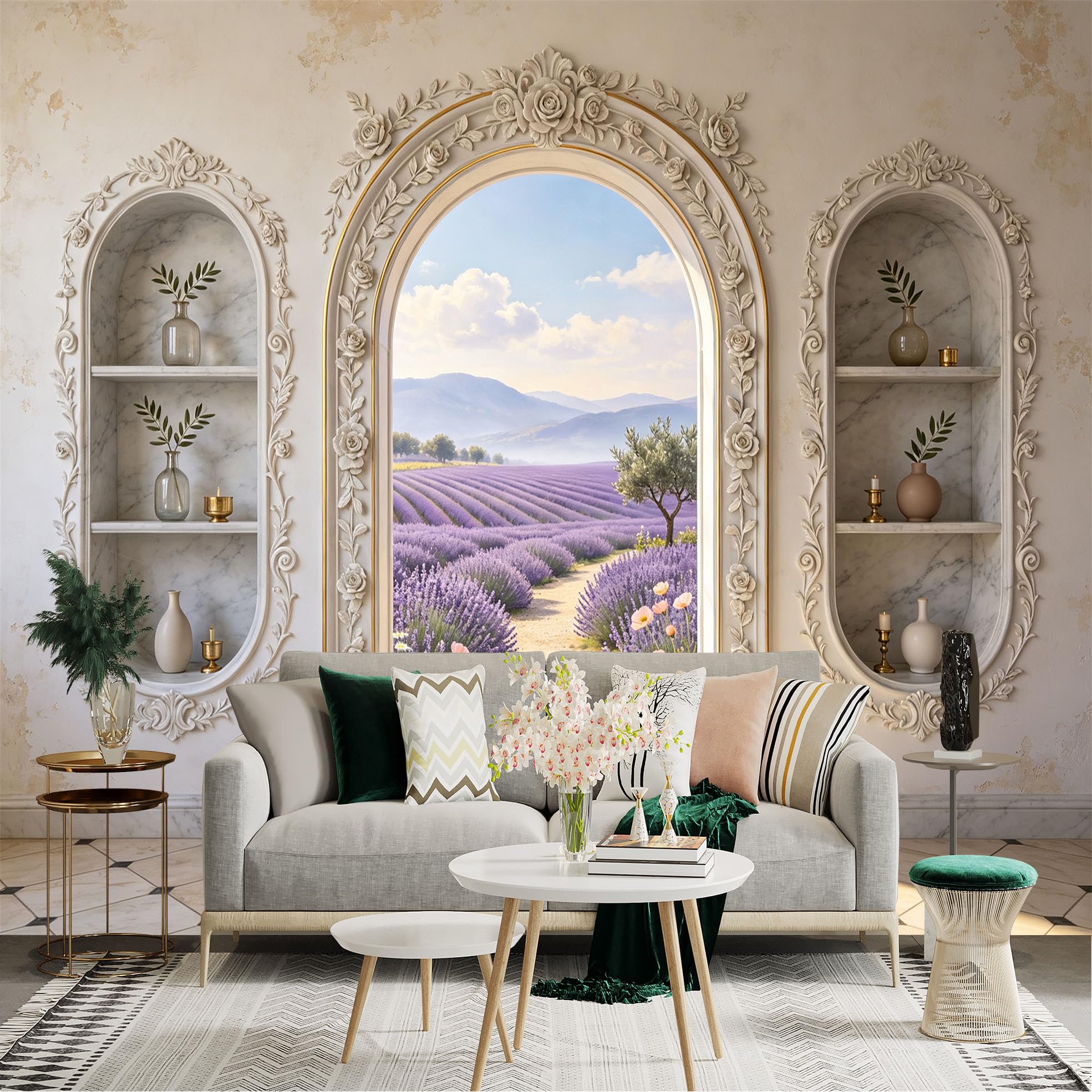 Lnzczhyre Bh260719153 Custom Size Wall Sticker Mural， Lavender Fields Archway， European Palace Decor， Elegant Marble Shelves， For Wall Decoration， Peelandstick Wall Decals.