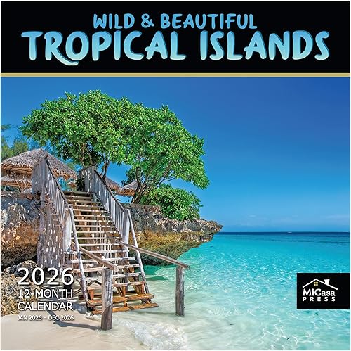 MICASA - Calendario de pared mensual colgante 2024 Wild & Beautiful Tropical Islands Abierto de 12 x 24 pulgadas Papel grueso y resistente