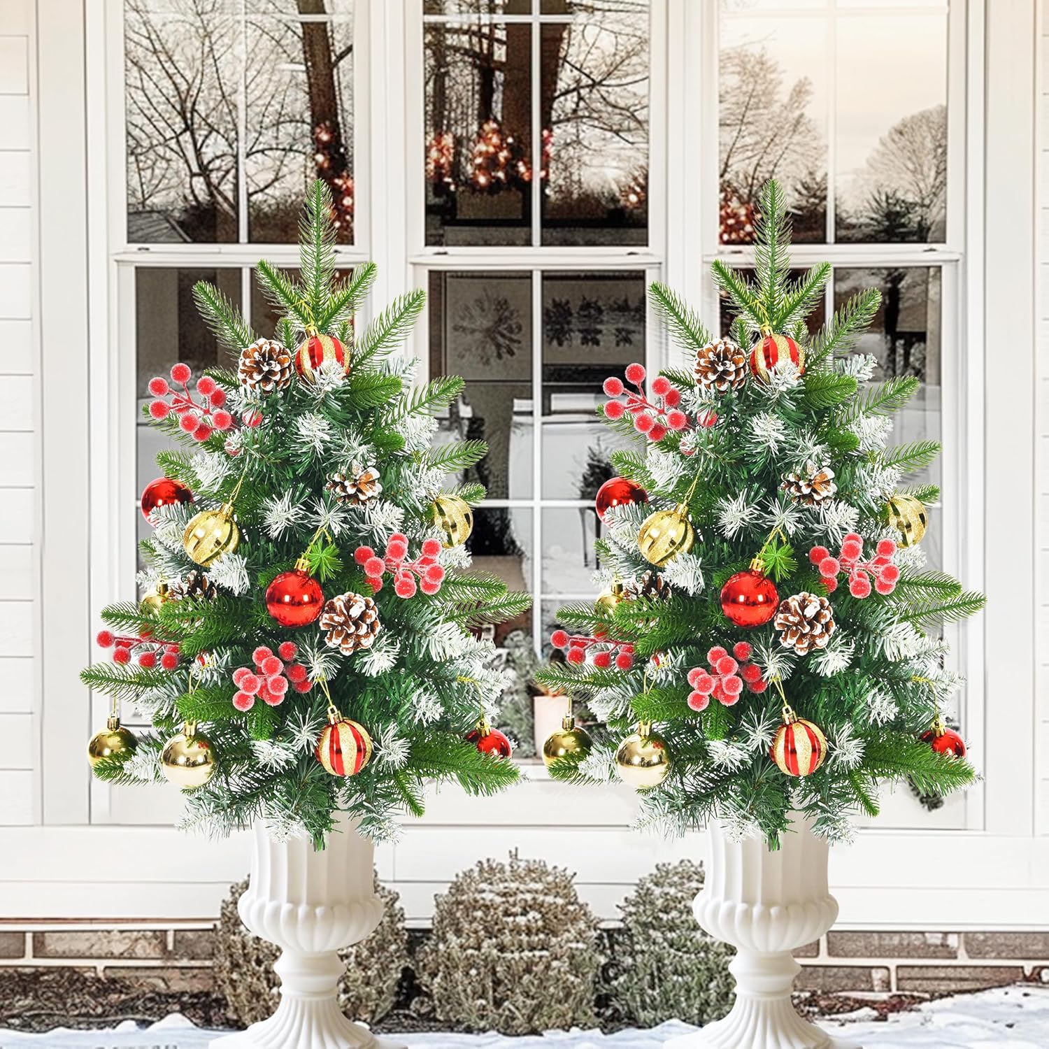 2PK Outdoor Prelit Christmas Urn Filler Lighted Christmas Trees for Porch 30 inch120 LED Battery Powered Christmas Trees for Pathway Flowerpot with Timer Function Auto On/Off 8 Mode Lighting