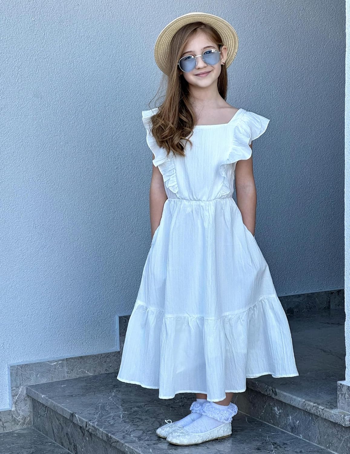 Arshiner Girls Summer Tie Back Dress Tween Boho Casual Square Neck Flutter Sleeve Maxi Dresses with Pockets - Image 6