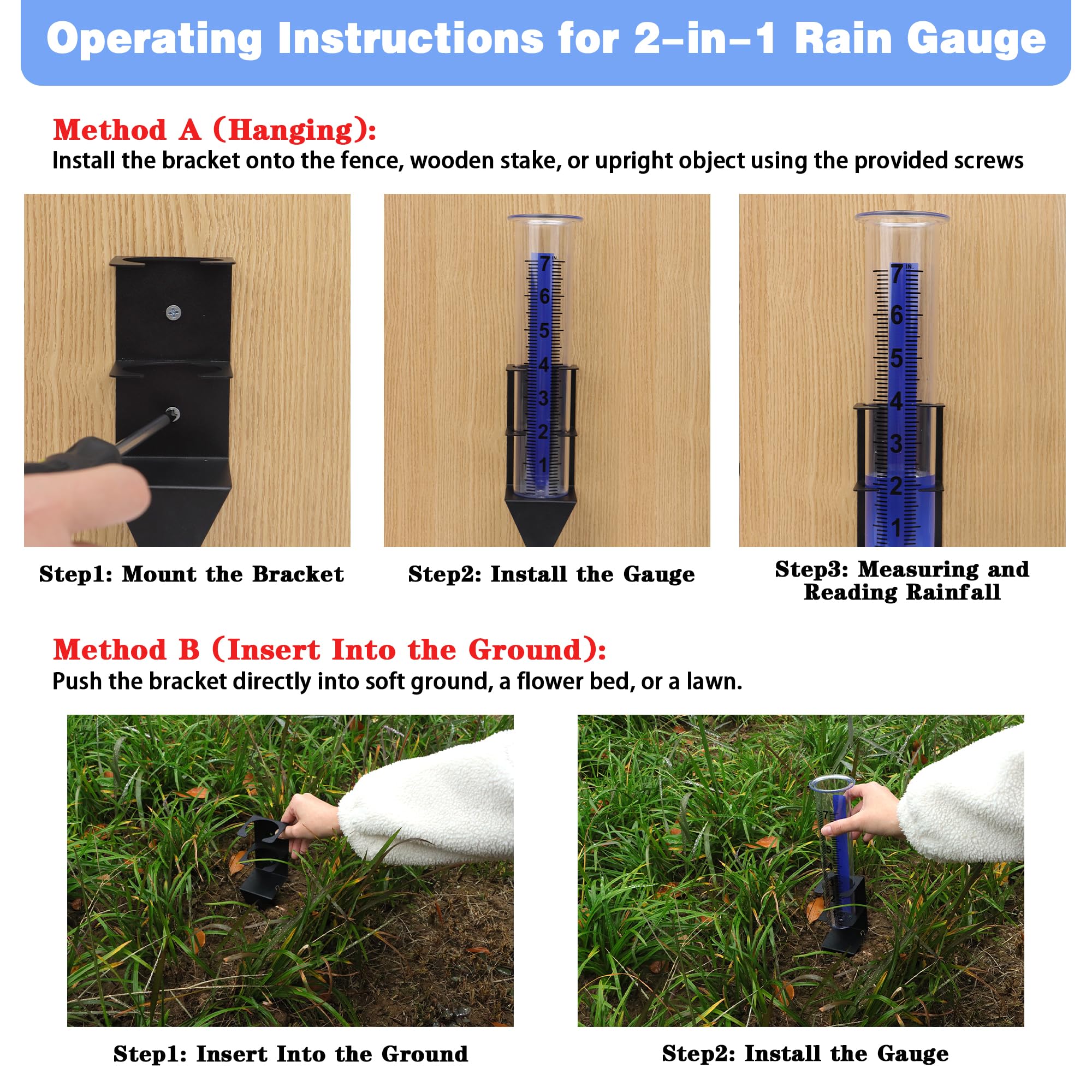 Medidor de lluvia para exteriores, capacidad de 7 pulgadas, mejor calificado con soporte de acero inoxidable, medidor de lluvia de plástico a prueba de congelación, medidor de lluvia grande para