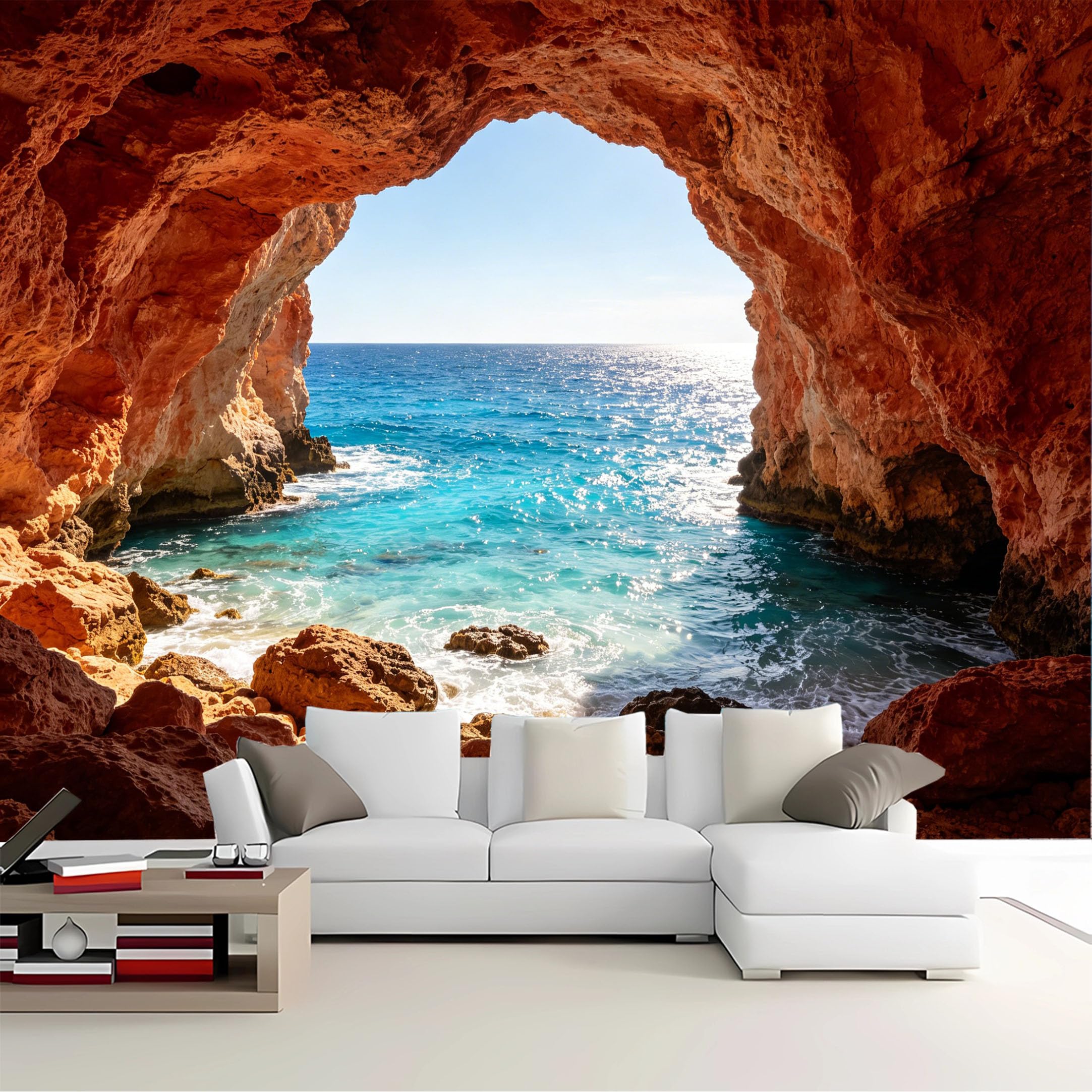 Custom Size Wall Mural Cave View Turquoise Ocean Removable Self Adhesive Peel and Stick Wallpaper for Bedroom Living Room Dining Room