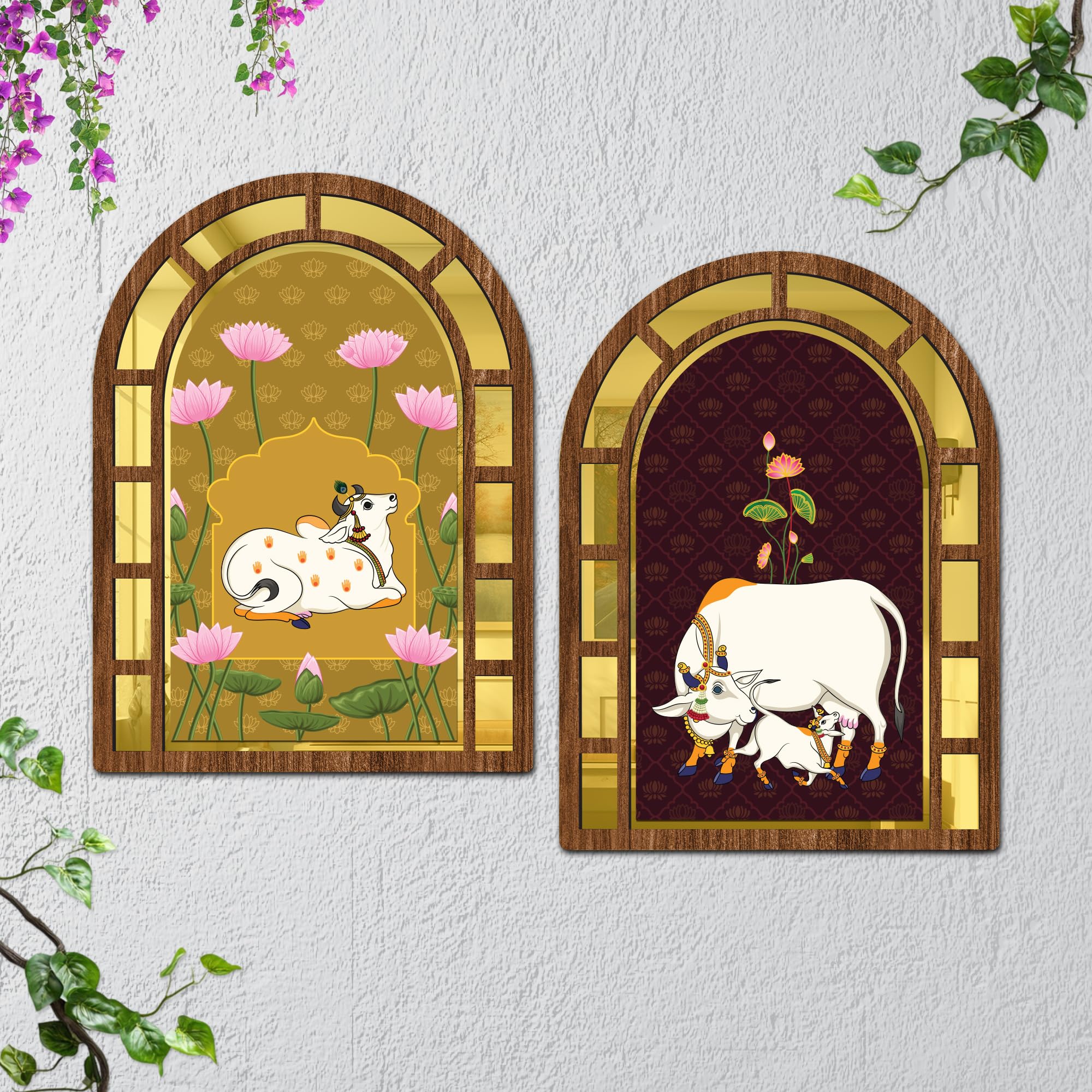 PENGORA Wooden Mirror Style Pichwai Cow Wall Art Set of 2 for Living Room, Bedroom & Office | Decorative Jharokha MDF Wall Hanging | Traditional Indian Home Decor (Olive-Purple, 15 x 11 Inch Each)-image-2