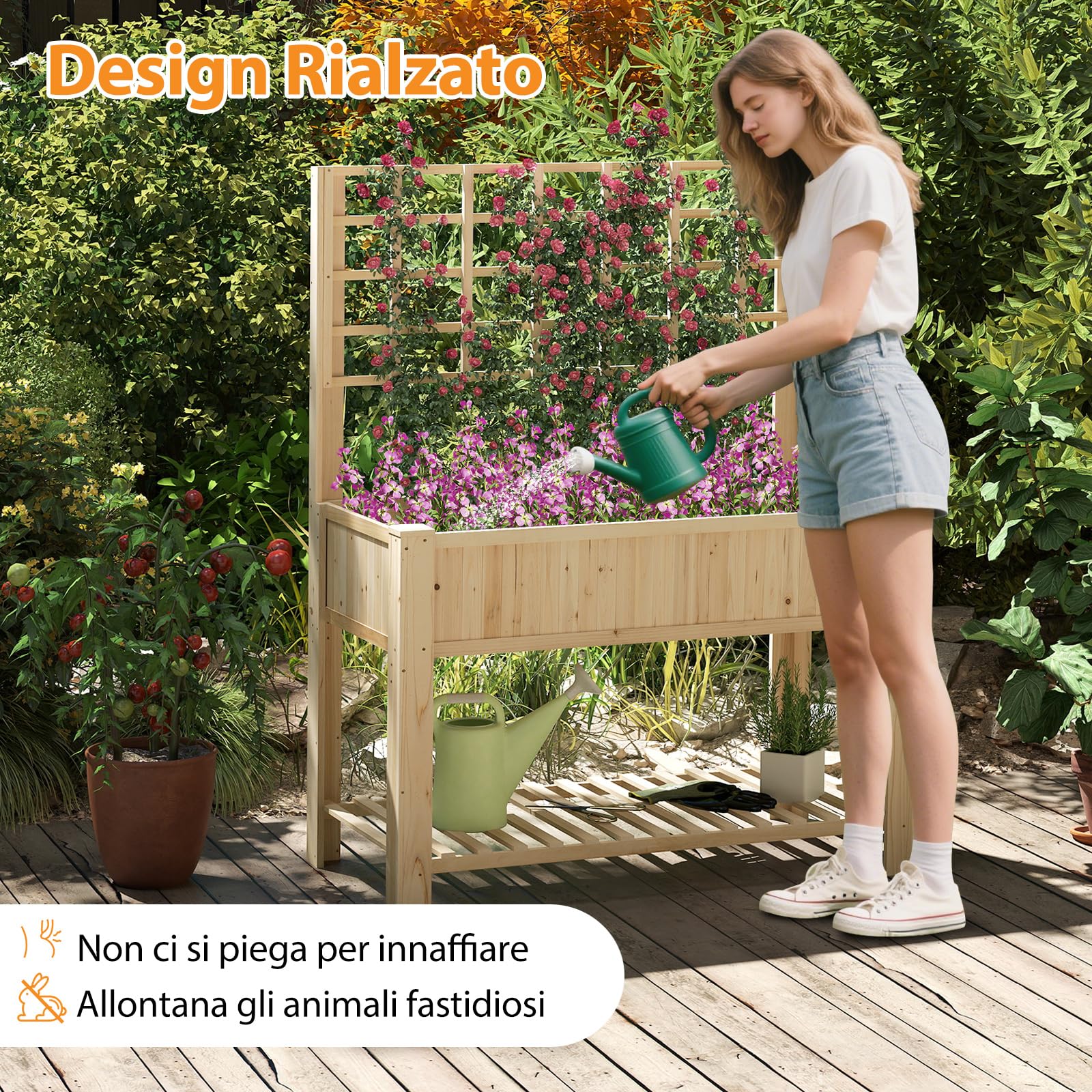 COSTWAY Letto da Giardino Rialzato, Fioriera Elevata con Traliccio, Mensola di Stoccaggio e Fori di Drenaggio, Orto Rialzato per Cortile, Giardino e Patio, 116 x 59 x 150 cm (Naturale)