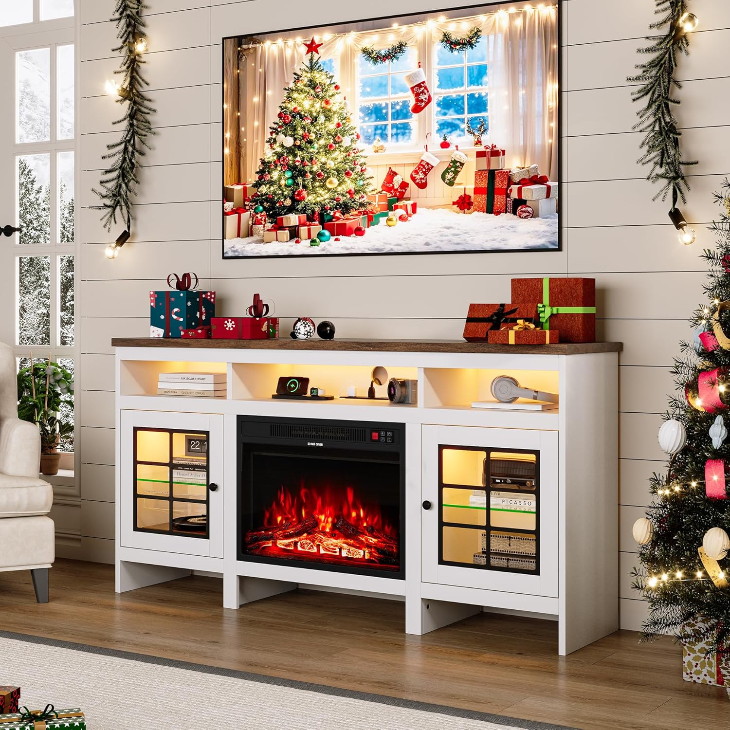 60" Fireplace TV Stand with Led and Power Outlets, White Entertainment Center with 24" Electric Fireplace for TVs up to 65 Inch, Modern TV Console with Storage Cabinet for Living Room