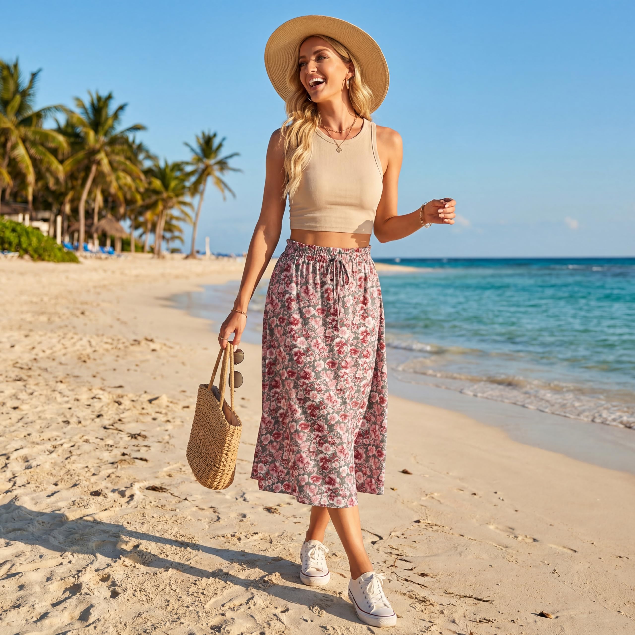 GRECERELLE Faldas midi de verano para mujer, estilo bohemio, holgadas, informales, de cintura alta, acampanadas, con bolsillos y cinturón ajustable