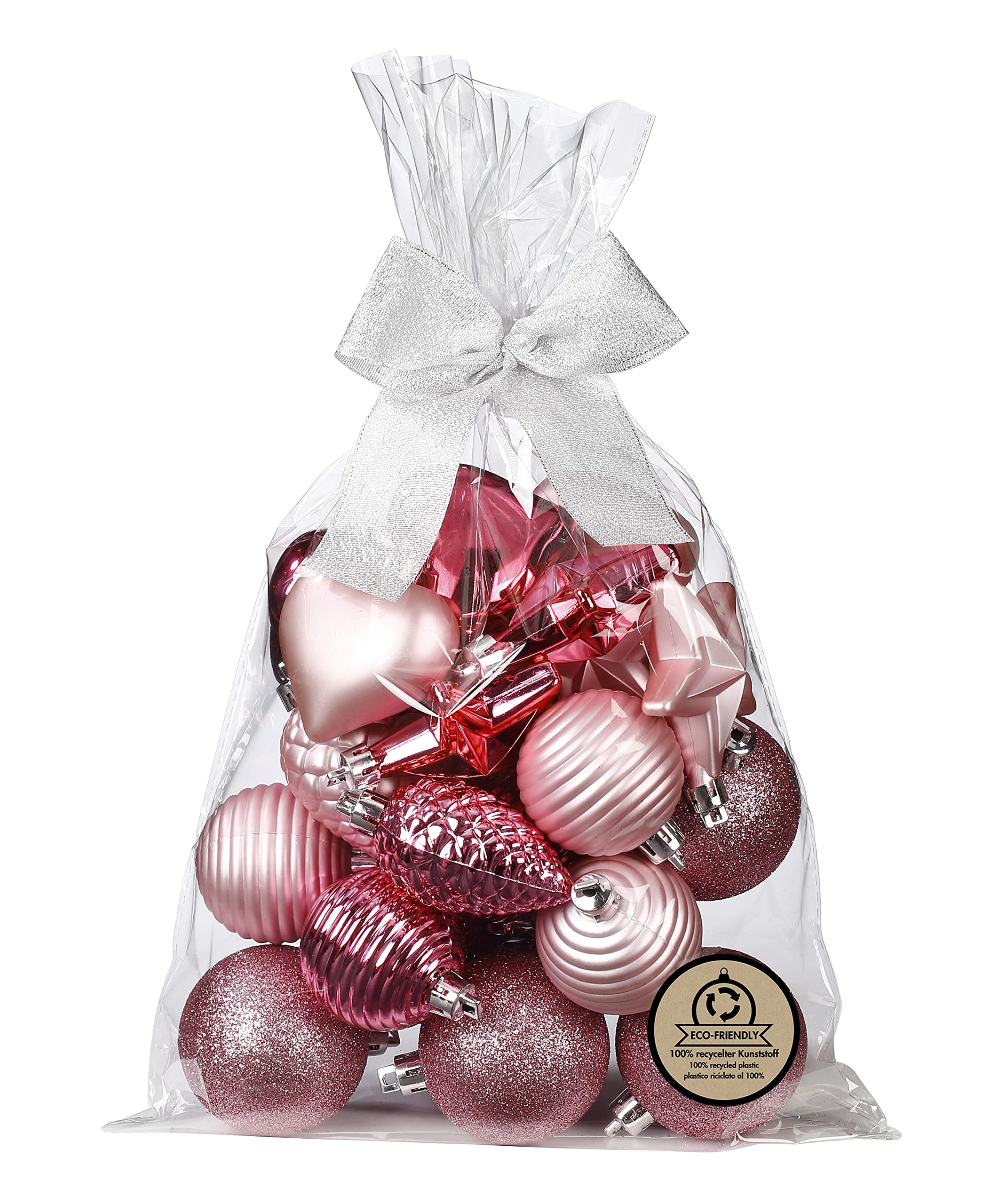 Boules de Noël rose pailletées en plastique de 5 à 7 cm en lot de 30 pièces pour sapin