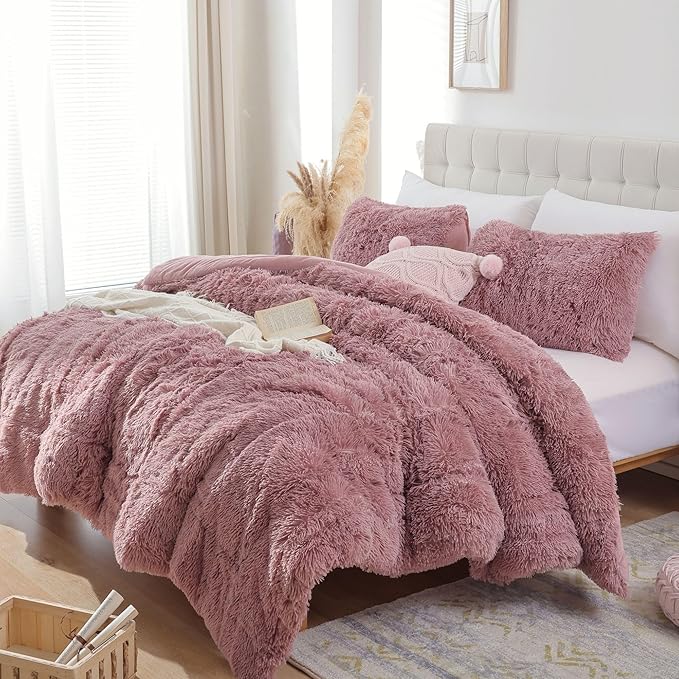 Smoofy Fluffy Twin Comforter Set, Faux Fur Comforter Set, Luxury Fuzzy Twin Bedding Set, Soft Shaggy Bed Set for All Season, 2 Pieces - 1 Comforter & 1 Pillowcase, Violet Pink