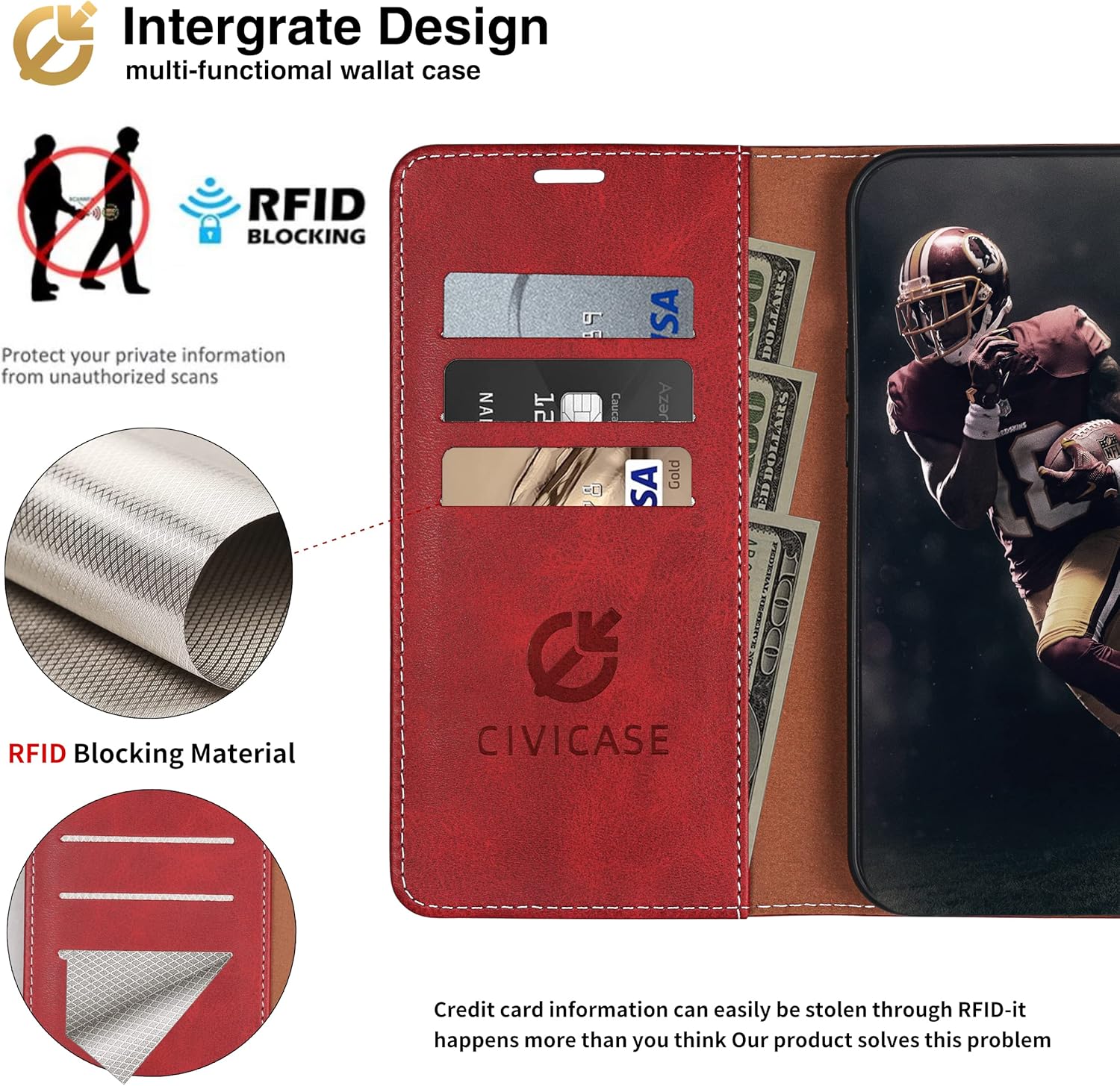 for iPhone 17 Pro Wallet Case,PU Leather Flip Case RFID Blocking Credit Card Holder Folio Magnetic Stand TPU Shockproof Cover Compatible with iPhone 17 Pro, Red Brown - Image 3