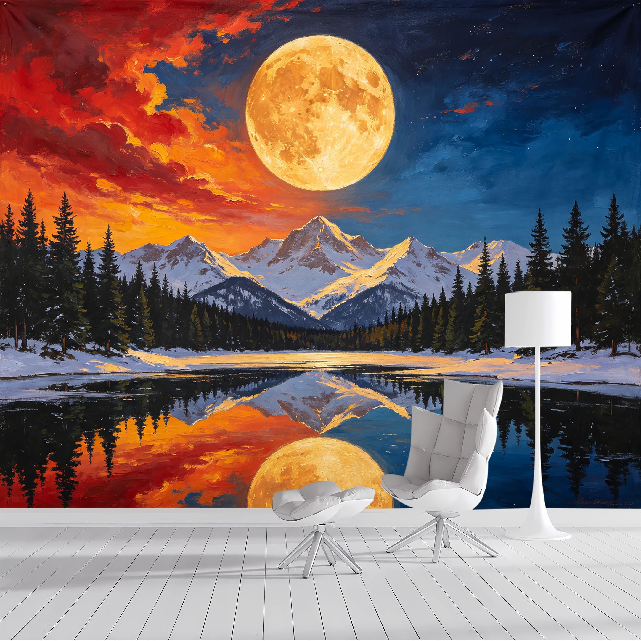 Custom Size Wall Mural Moonlit Mountain Lake Oil Painting SelfAdhesive Wall Fabric Removable Peel and Stick Wallpaper Wall Decor for Living Room Bedroom Bathroom