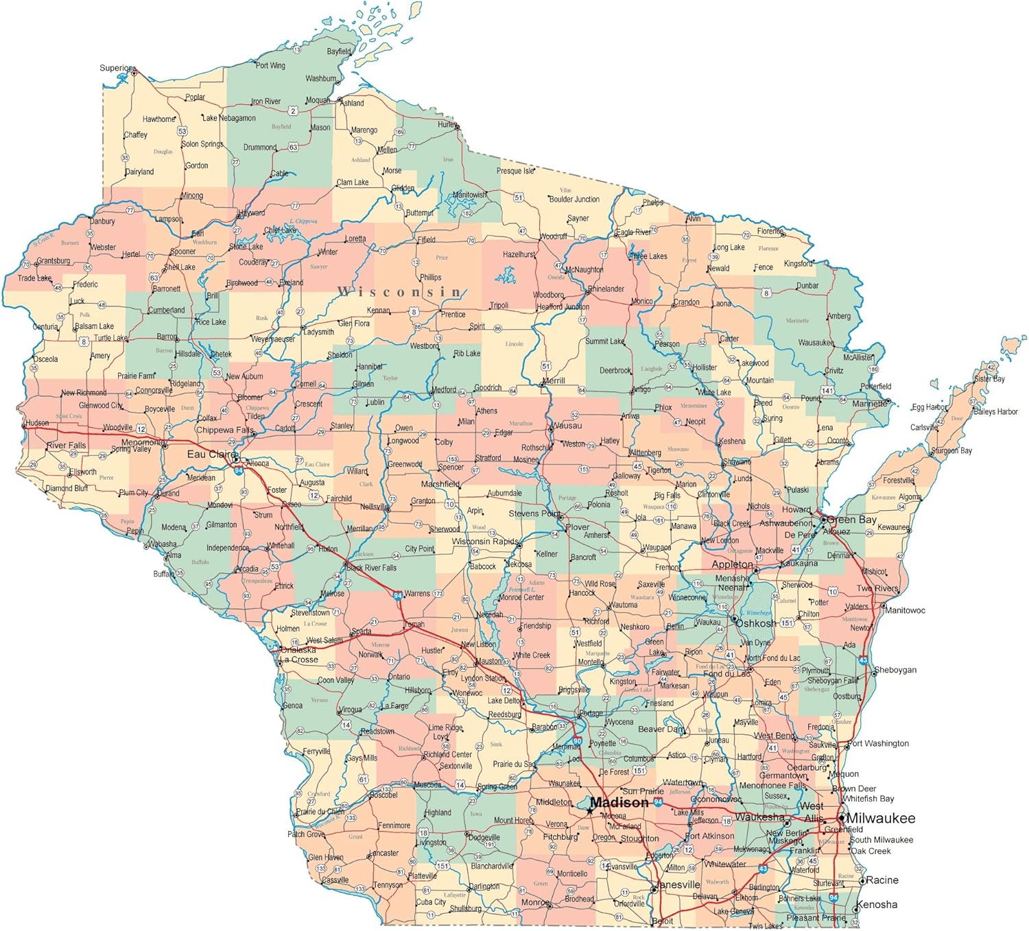 Show Me A Map Of Wisconsin Amazon Com Large Administrative Map Of Wisconsin State With Roads Highways And Cities Vivid Imagery Laminated Poster Print 20 Inch By 30 Inch Laminated Poster With Bright Colors Posters Prints