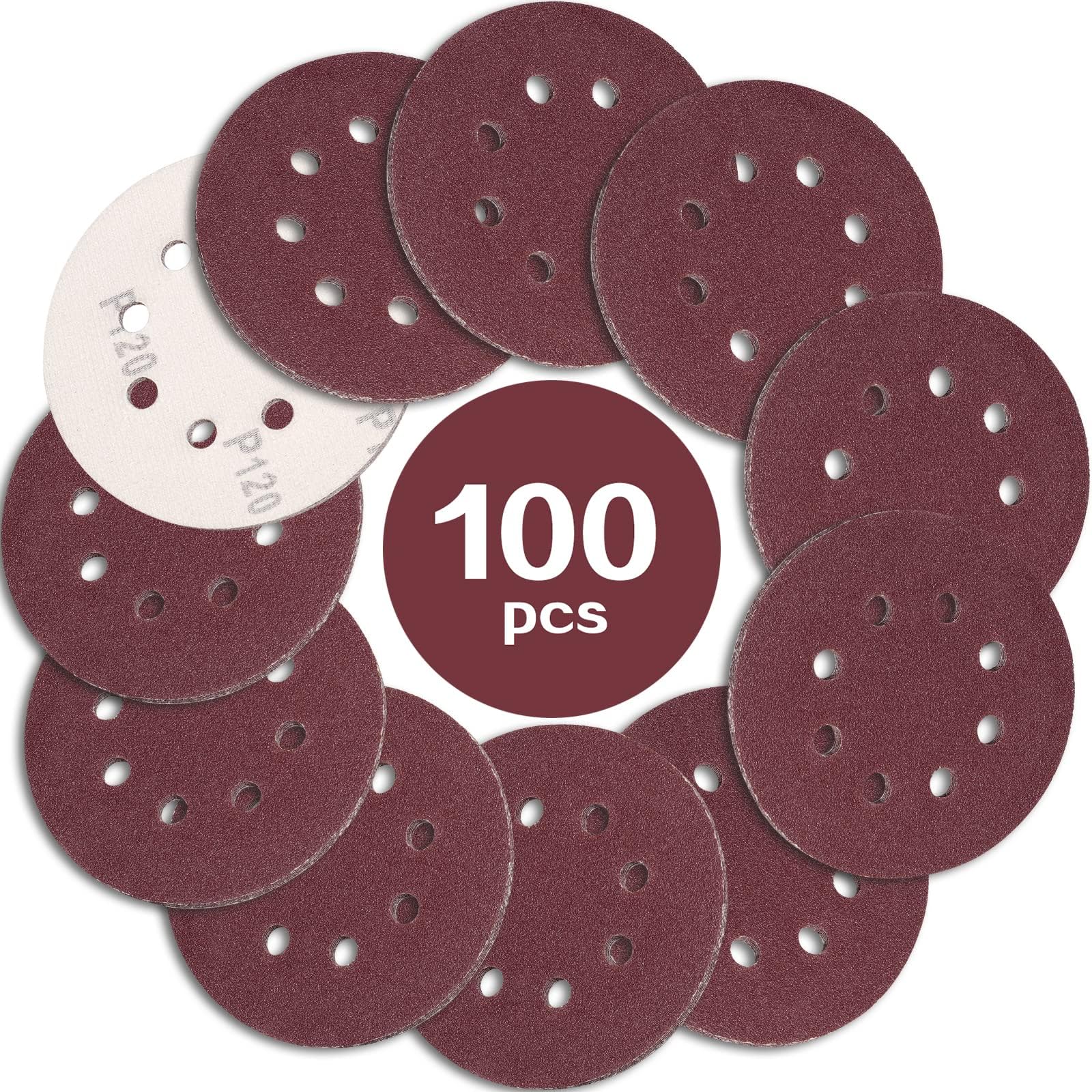 100PCS 125mm Sanding Discs 120 Grit, 5 Inch 8 Hole Hook and Loop Sanding Pads for Random Orbital Sander