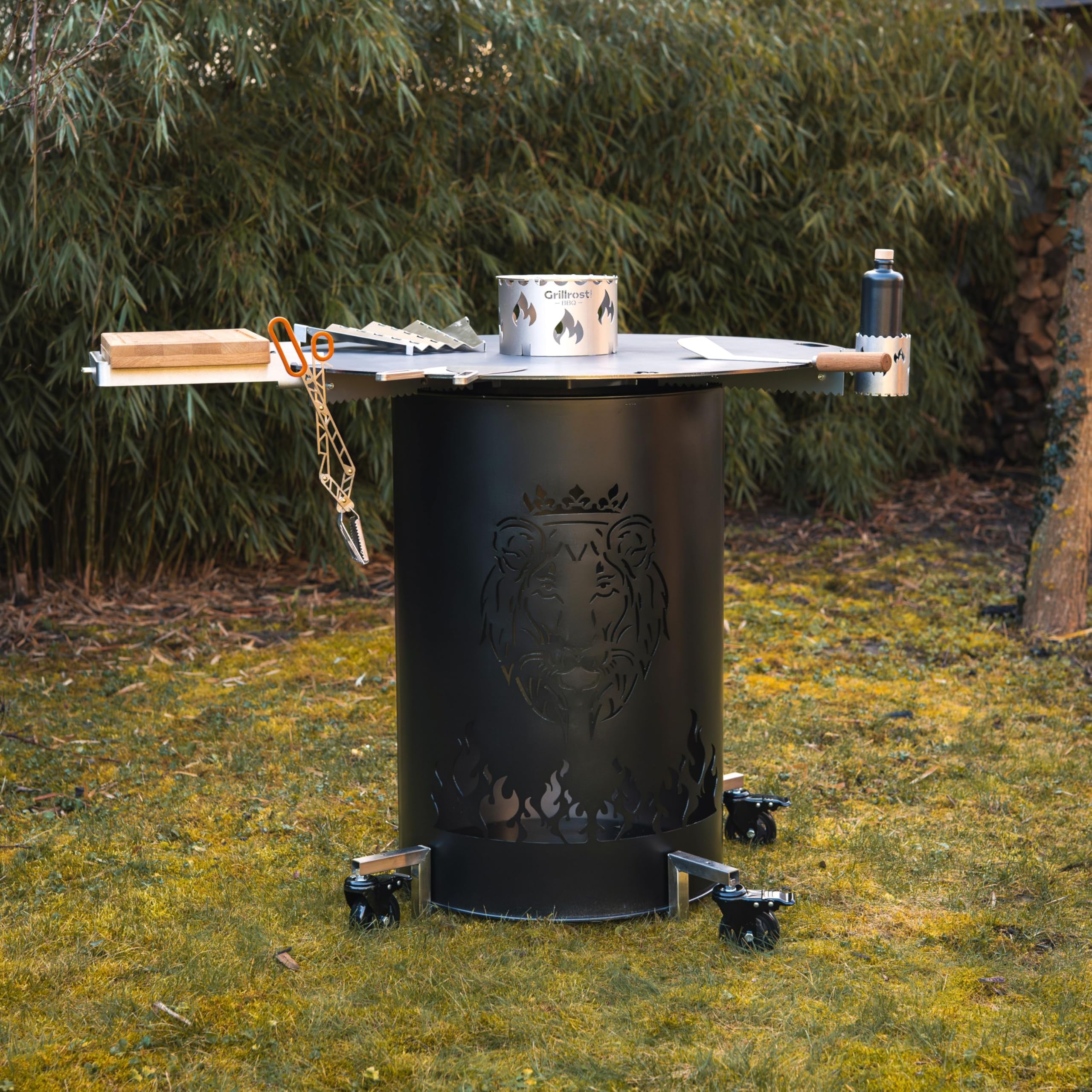 Grillrost.com Das Original Chariot en INOX pour tonneaux à feu - Rends Ton tonneau à feu Mobile