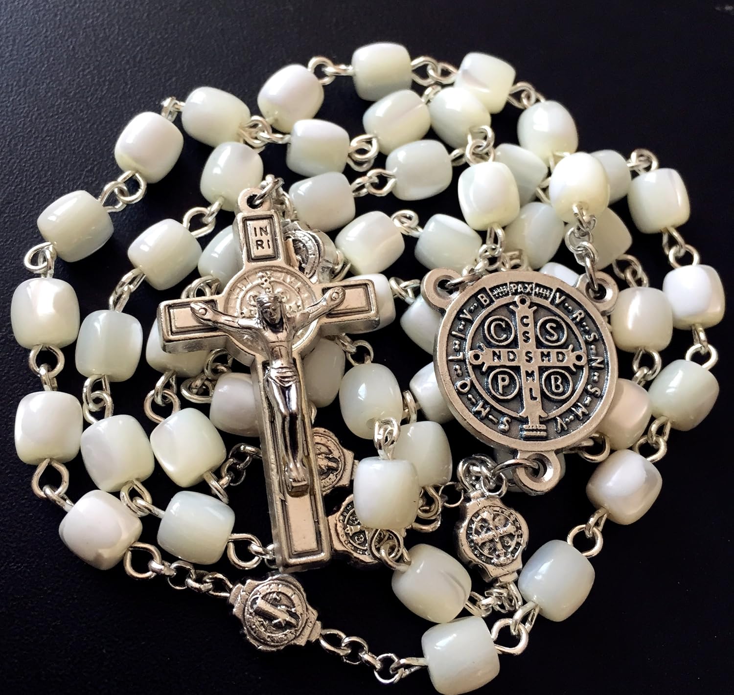 elegantmedical mother of pearl bead st. benedict rosary catholic necklace cross gift - Image 5