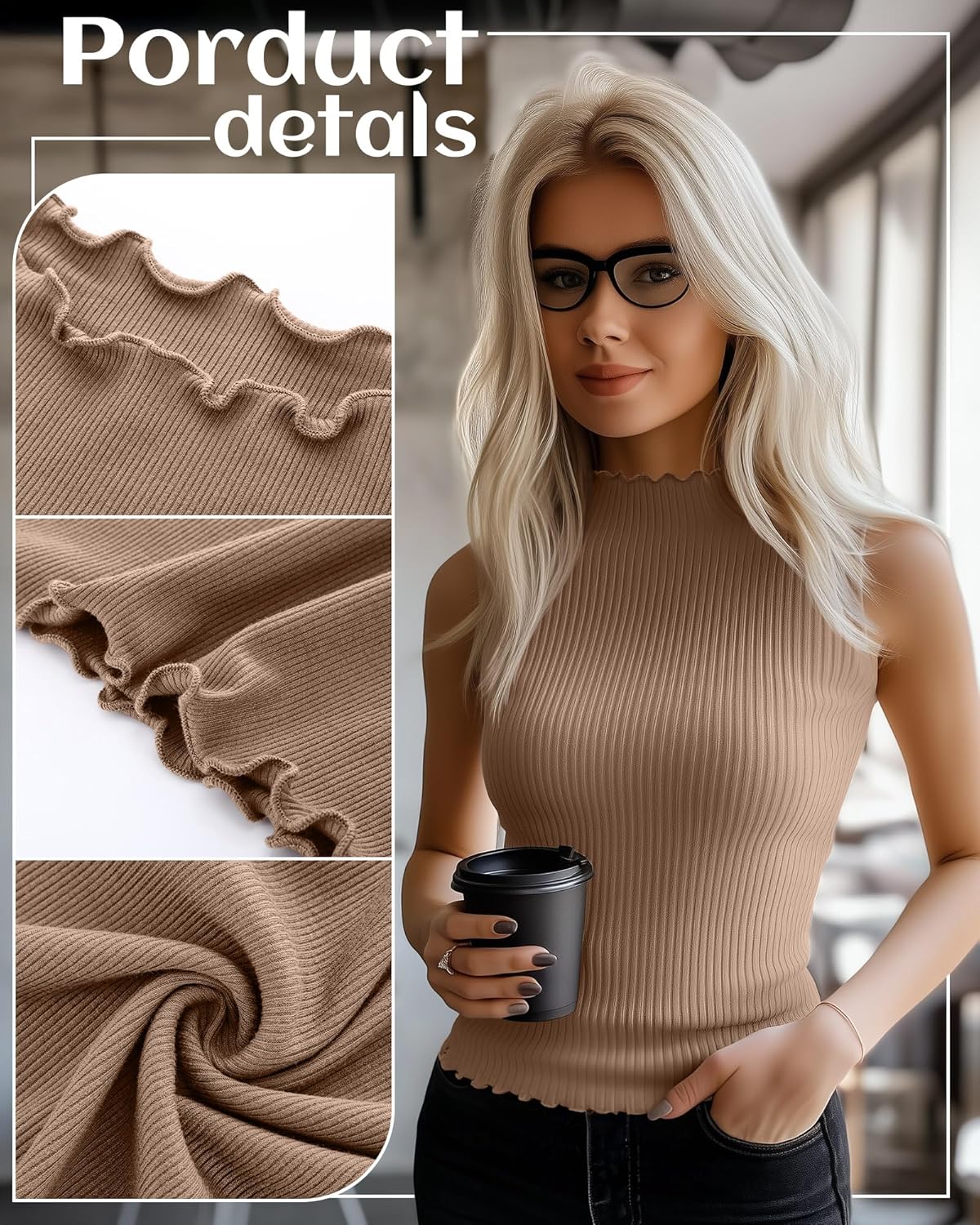 Riyiper 3 Pack Women's Sleeveless Mock Turtlenecks Shirts Lettuce Trim Ribbed Knit Slim Summer Casual Tank Tops Basic Tees - Image 5