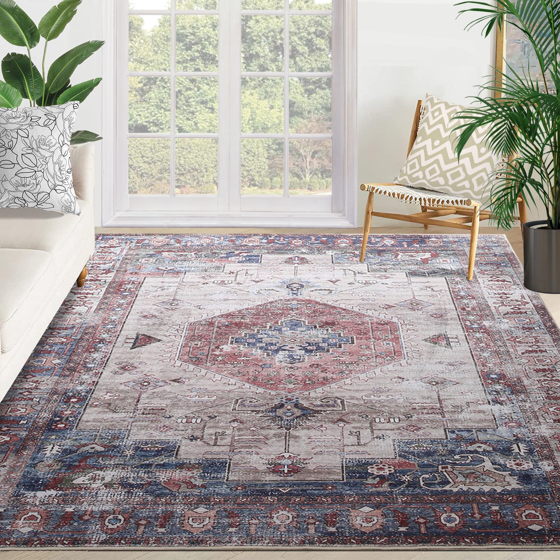 Yancorp 5'x7' Boho Area Rug for Living Room Non Slip Washable Indoor Carpet Abstract Soft Fluffy Pile Large Rug with Medium Shaggy for Bedroom, Living Room, Dining Room, Home Office,Retro